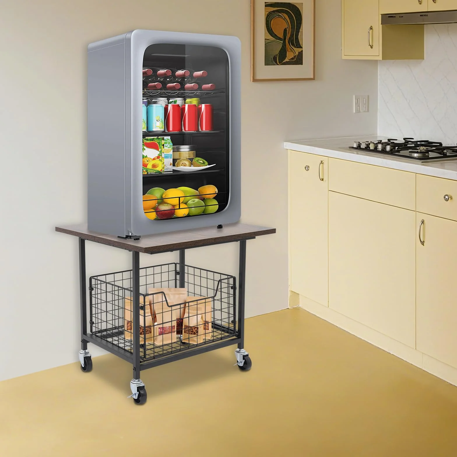 Mini soporte para nevera portátil resistente con ruedas y cesta de almacenamiento extensible, para hogar, oficina o dormitorio, hasta 150 kg (50 x 50 x 44,2 cm)