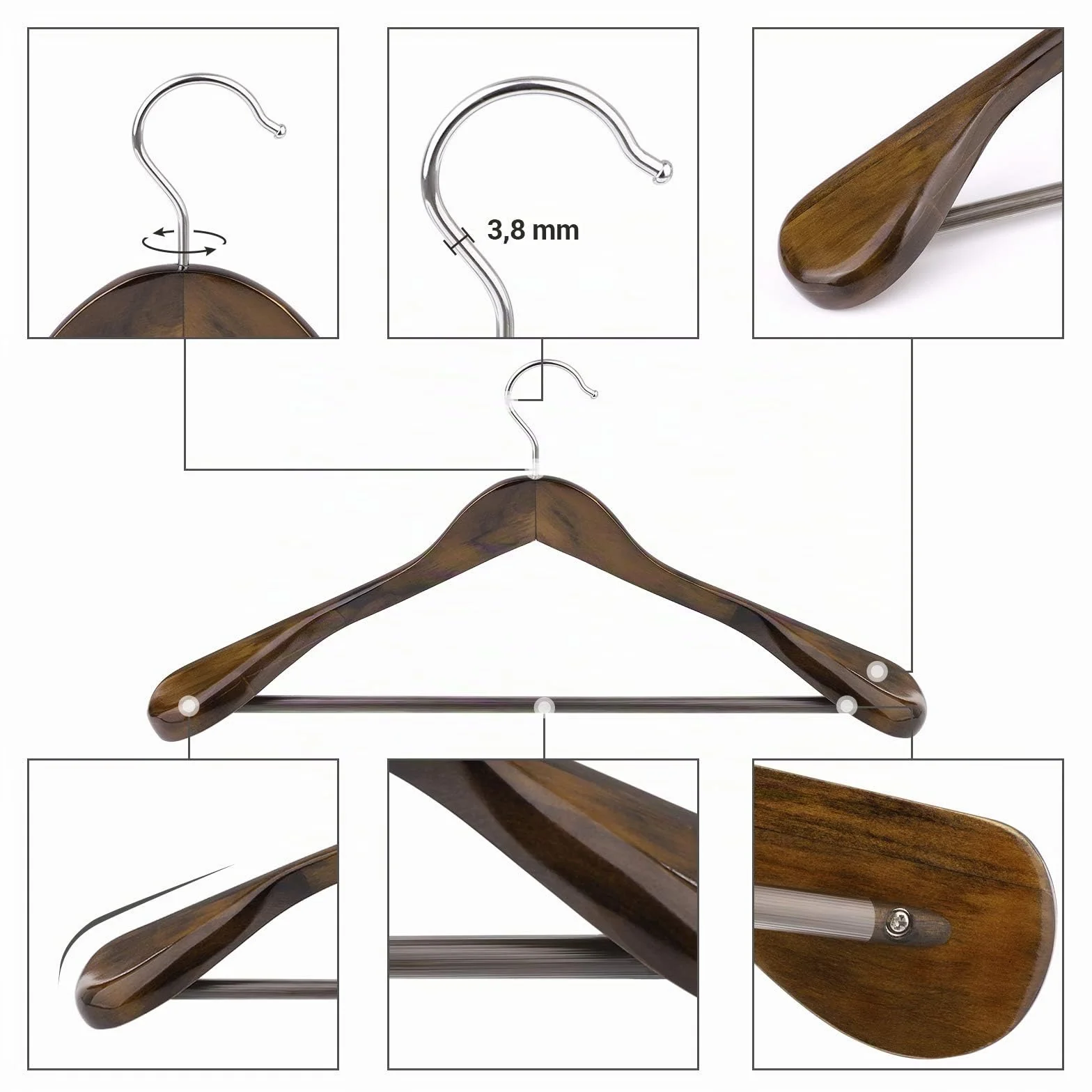 SONGMICS Perchas para trajes, perchas de madera maciza con extremos anchos, barra antideslizante para pantalones, juego de 6 para atuendos, camisas, abrigos, chaquetas, pantalones, gancho giratorio de