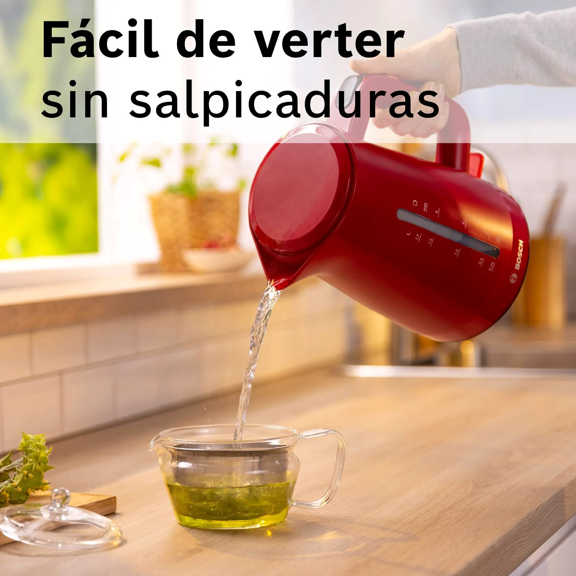 Bosch - hervidor eléctrico, MyMoment, manejo ergonómico, triple sistema de seguridad, filtro antical, capacidad de 1,7 l, rojo intenso, TWK3M124 | Hervidor, calentamiento rápido, filtro extraíble, indicador de nivel de agua, apagado automático, fácil de l