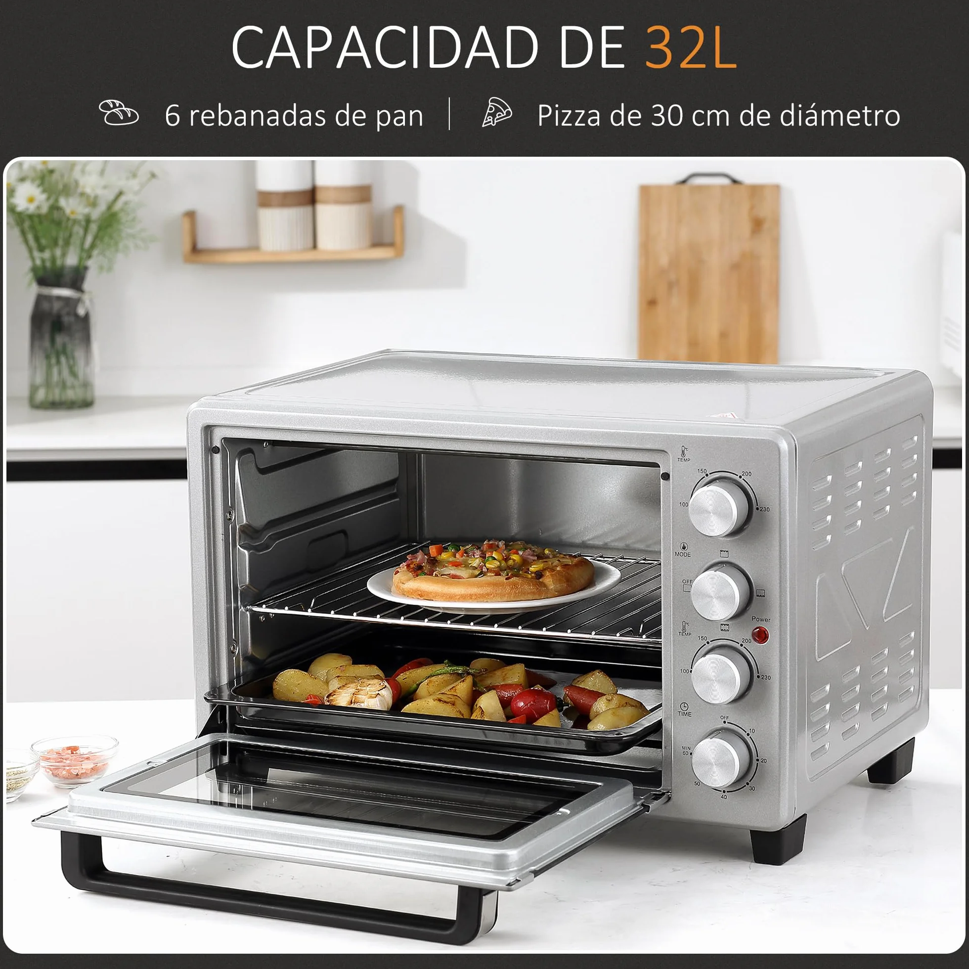 HOMCOM Horno Eléctrico de Sobremesa Mini Horno Tostador de 32L 1600W con 3 Modos de Calor Temporizador 60 Min y Temperatura Regulable hasta 230℃ Plata