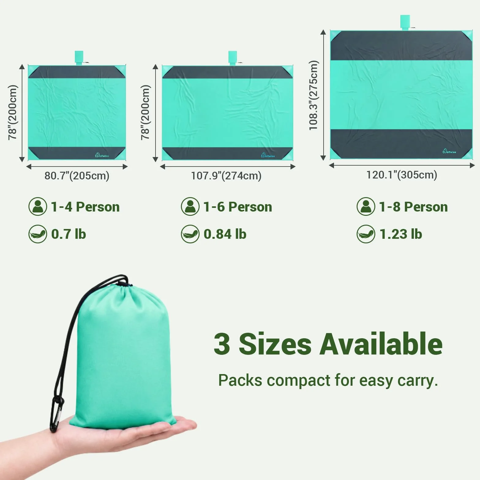 WolfWise Gran Manta de Playa 200x205 cm Impermeable Antarena Ultraligera 4 Personas 4 Bolsas Arena 4 Estacas Verde