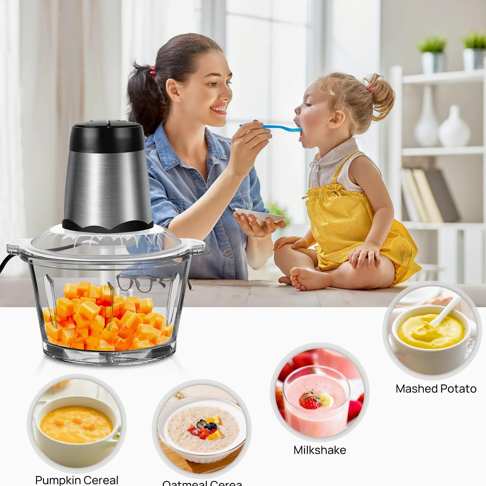 Procesador eléctrico de alimentos y picador, 300 W con recipiente de vidrio de 2 L, 4 cuchillas de acero inoxidable, 2 ajustes de velocidad, funcionamiento con un solo toque, fácil de limpiar, mini