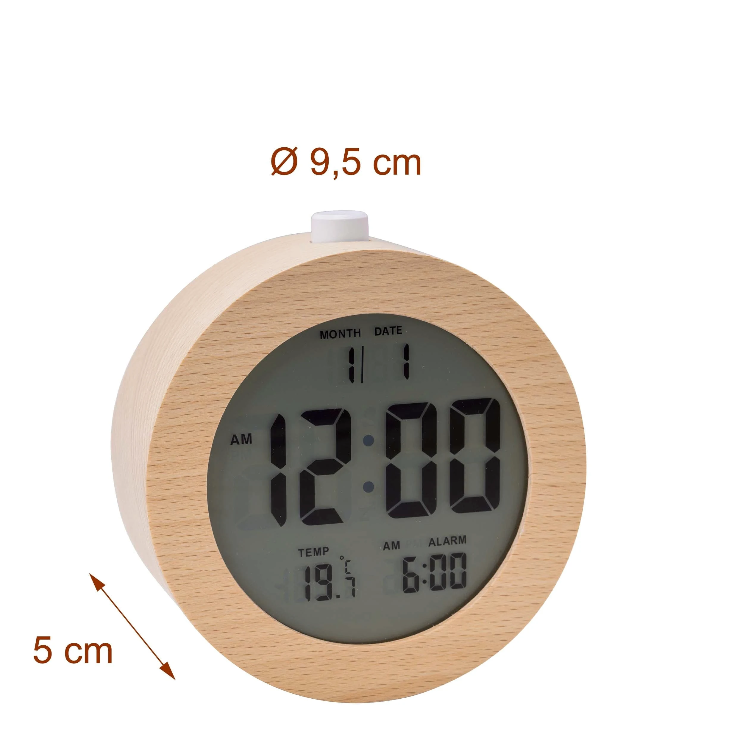Relaxdays Despertador Digital de Madera con indicador de Fecha y Temperatura, función de repetición, luz, Reloj Despertador Digital Redondo, Color Natural