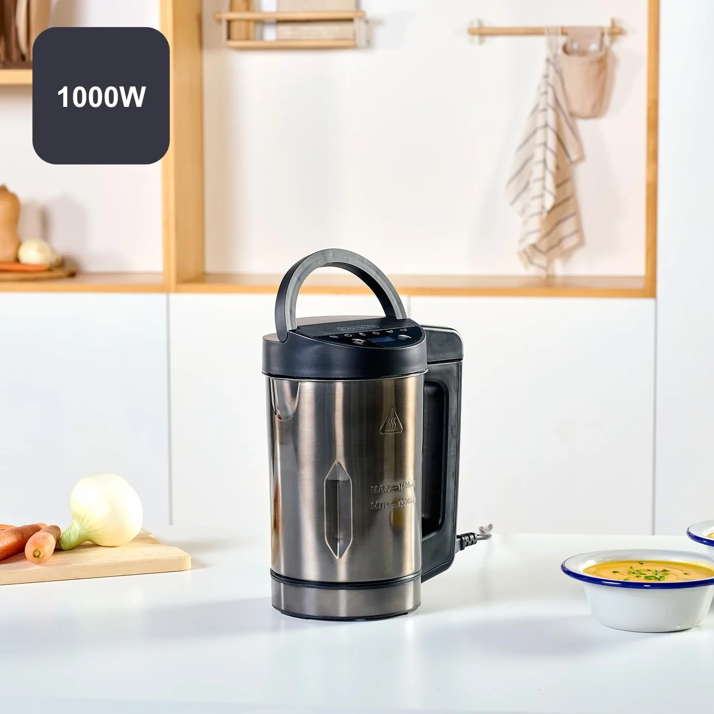 BLACK+DECKER - Sopera Eléctrica BXSM1000E | Hornillo de Sopa 1040W | Jarra Inox 1,6L | 7 Programas Automáticos | Smoothies y Compotas | Mantener Caliente | Pantalla Digital | Sin BPA