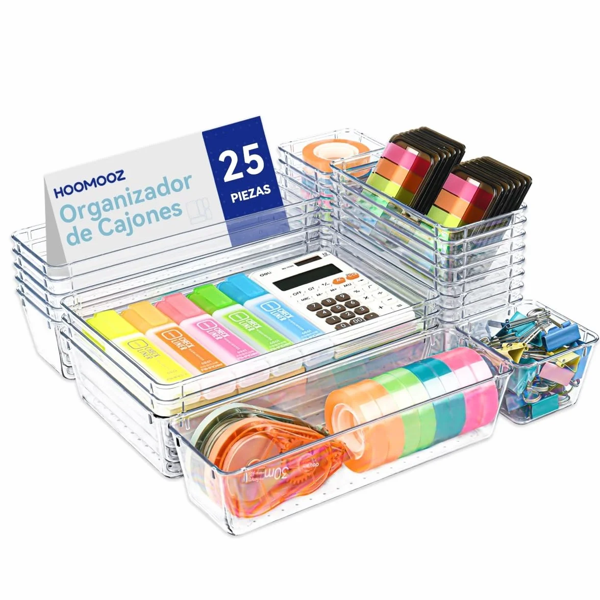 Organizadores de Cajones Set de 25, Separadores de Cajones de Escritorio Plástico, Bandejas de Almacenaje para Maquillaje, Joyas, Tools, Cocina, Dormitorio, Baño, Oficina