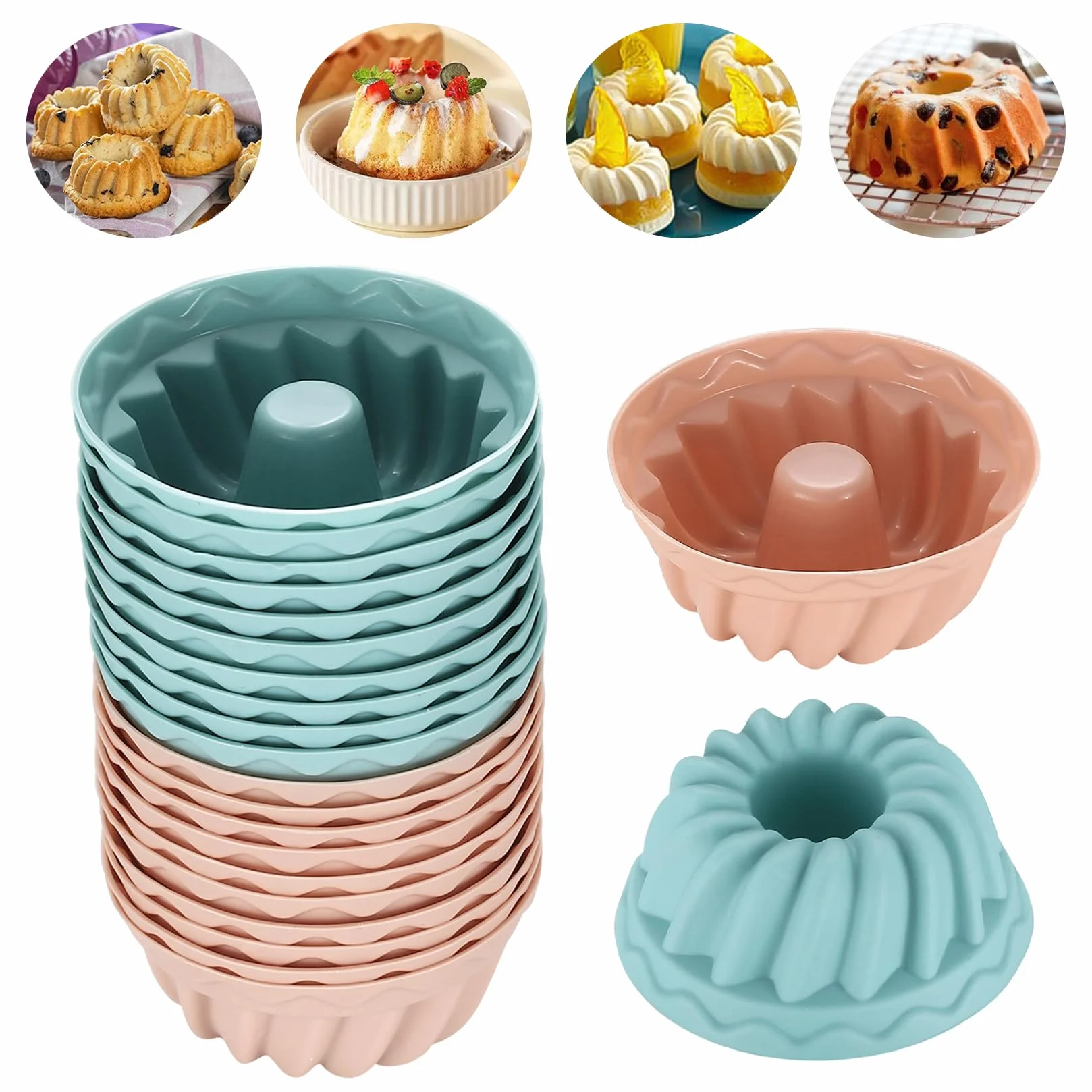 20 Pcs Moldes de Silicone, Molde Bizcocho, Molde Savarin Silicona, de Silicona Reposteria Espiral Antiadherentes para Tartas, Diámetro 6,5 cm, Altura 2,8 cm