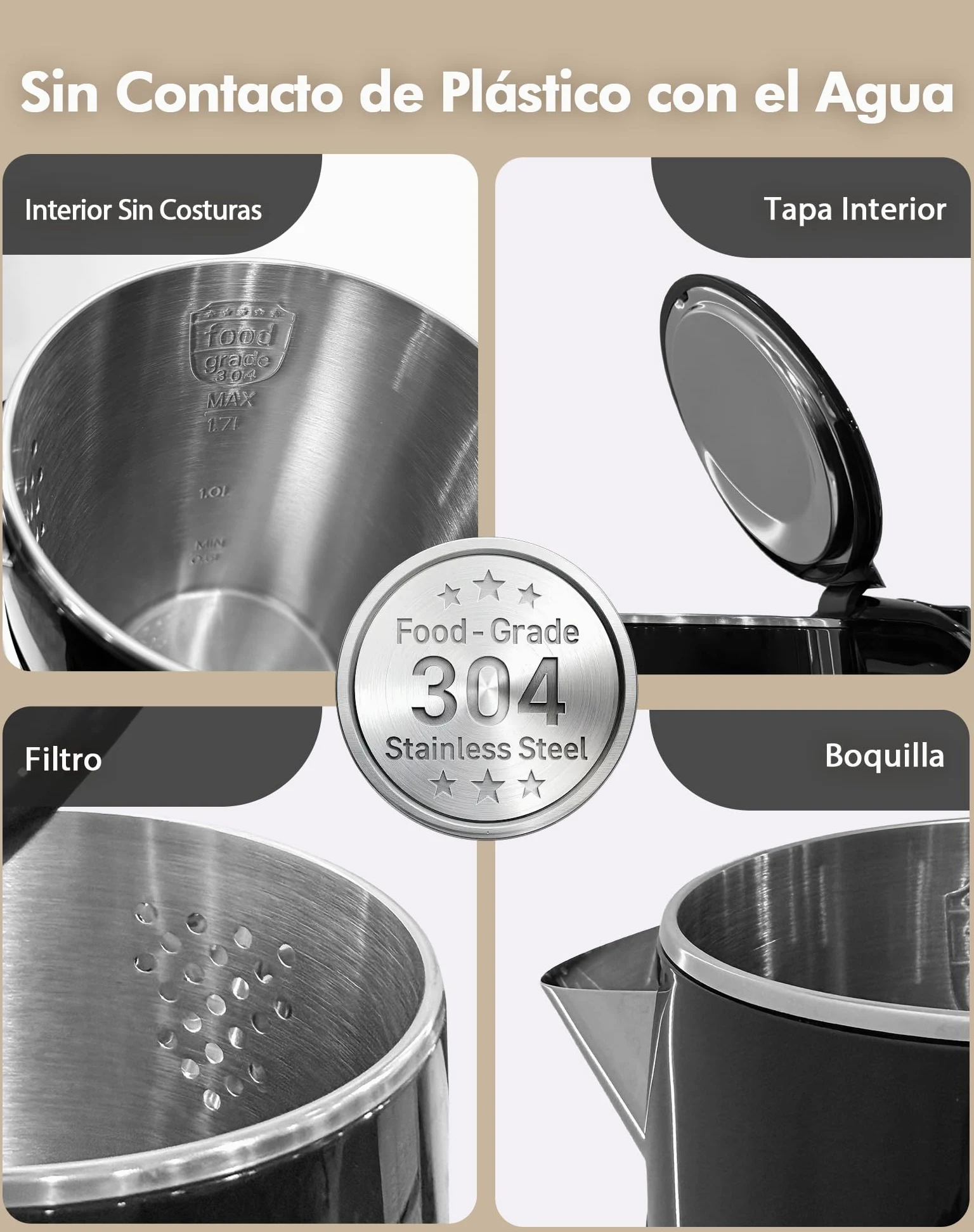 Hervidor de Agua Eléctrico 1,7L 2200W con Control de Temperatura y Pantalla LED - Acero Inoxidable 304 Libre de BPA, Doble Pared Tacto Frío, Función Mantener Calor 2H, Apagado Automático (negro)