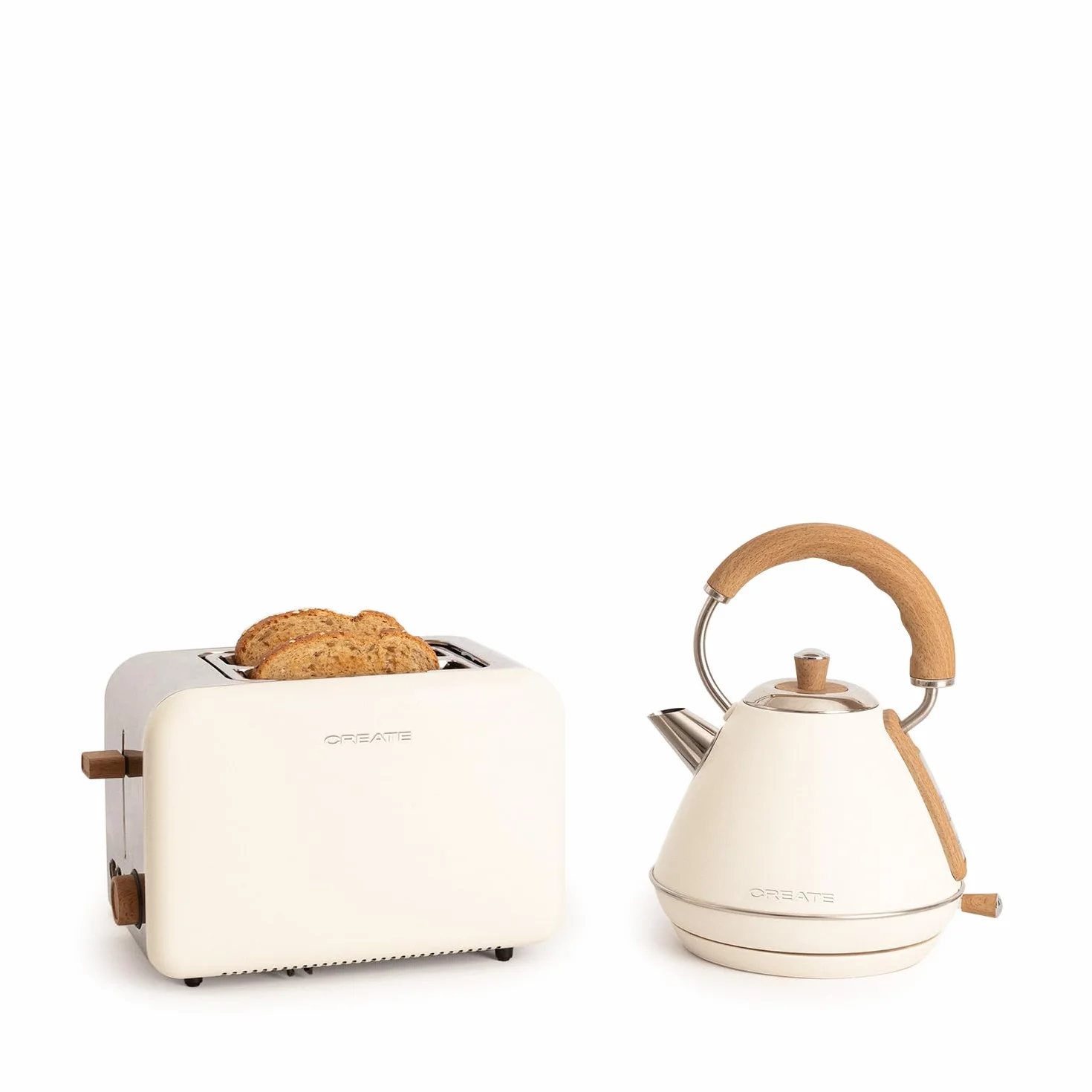CREATE/PACK TOAST RETRO + KETTLE RETRO M/Tostadora de pan blanco roto con hervidor de agua blanco roto/Hervidor de 1 L
