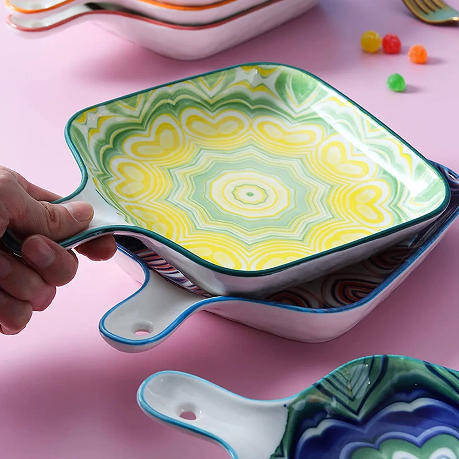 YXSH Bandeja De Fuente para Horno Pequeña Cerámica Casserole Plato para Hornear Platos para Horno Cerámica para Hornear Pan Lasaña Casserole Pan Individual Bakeware-Blue-Green