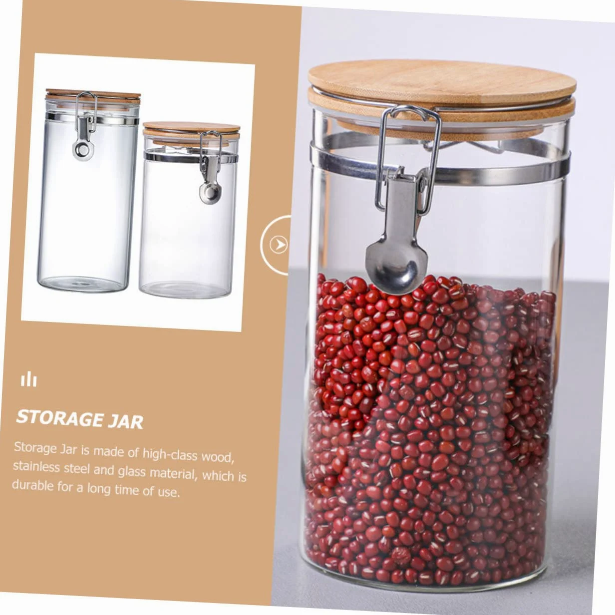 Ipetboom 2 Tarros y Madera para Almacenamiento de Alimentos Tapa de Acero Inoxidable Herméticos de Vidrio 1140ml y 1280ml, Estructura Estable y Prevención de Humedad en Cocina