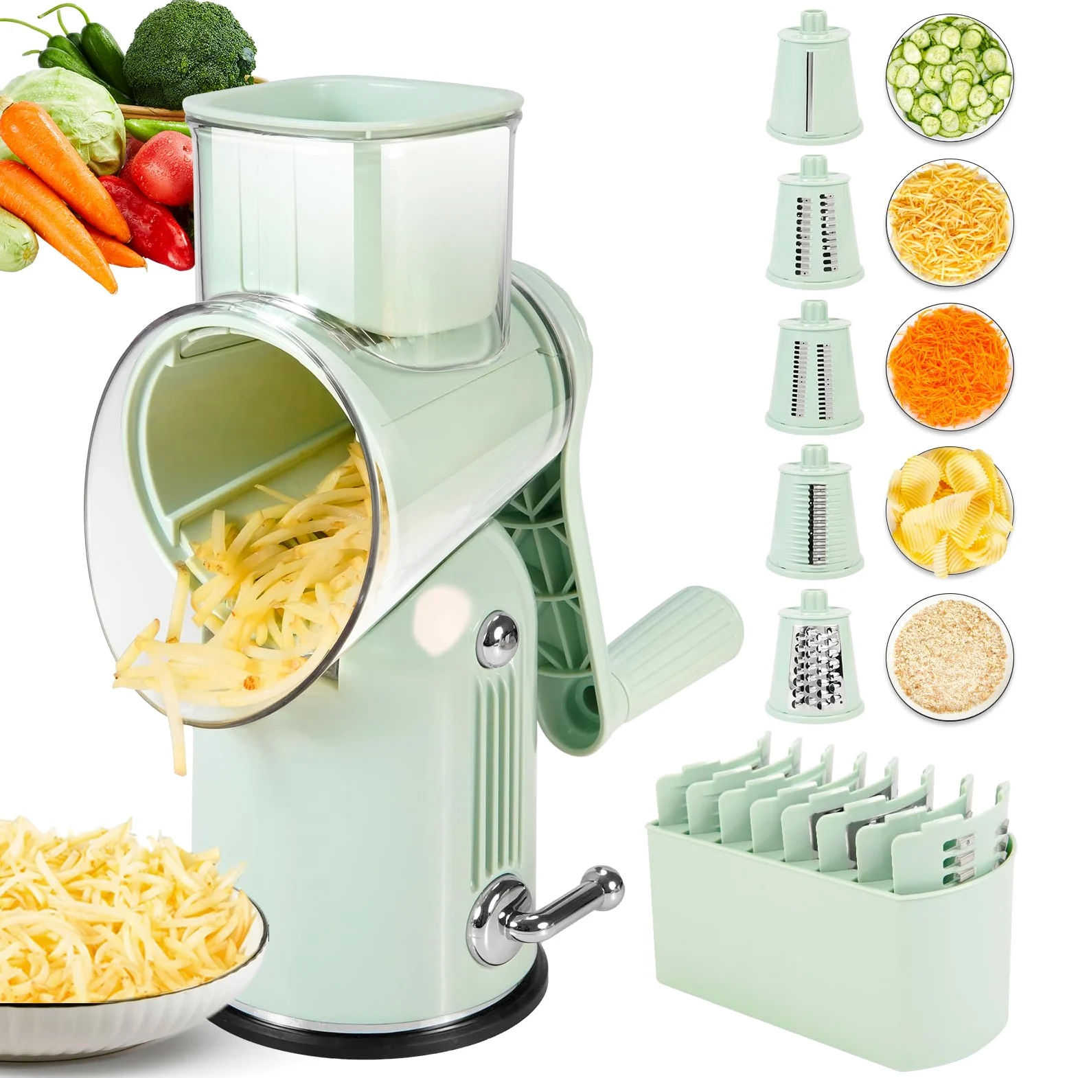 Rallador giratorio de queso y rebanador de mandolina con 5 cuchillas intercambiables, corte sin esfuerzo para queso, verduras, frutas, frutos secos, diseño fácil de limpiar para uso en cocina