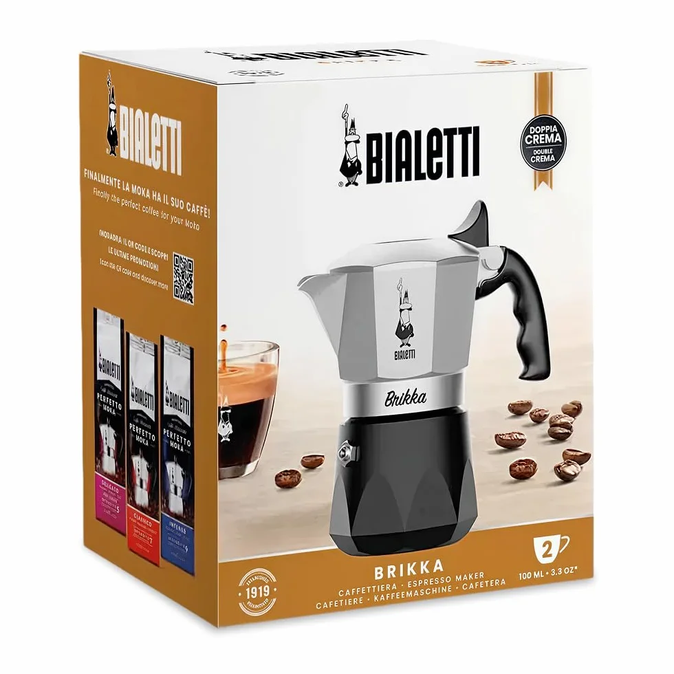 Bialetti New Brikka 2023, Moka pot, la única cafetera capaz de hacer un espresso cremoso, 2 tazas, Aluminio