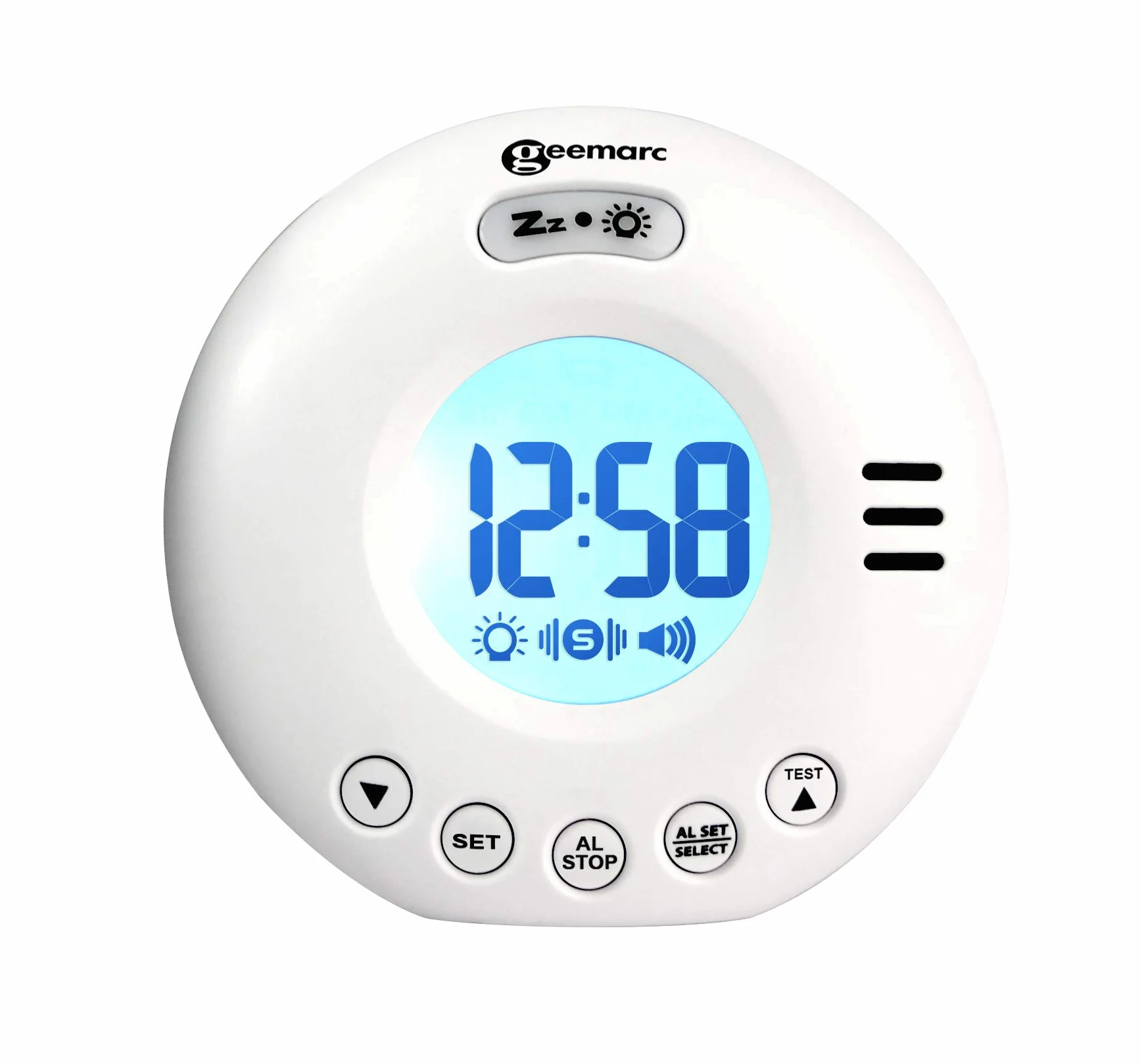 Geemarc WAKE 'N' SHAKE Voyager - Reloj Despertador de Viaje con Potente Alarma de 75dB, Luz Intermitente y Vibrador Incorporado para Personas que Duermen Profundamente - Funciona con Pilas – Blanco