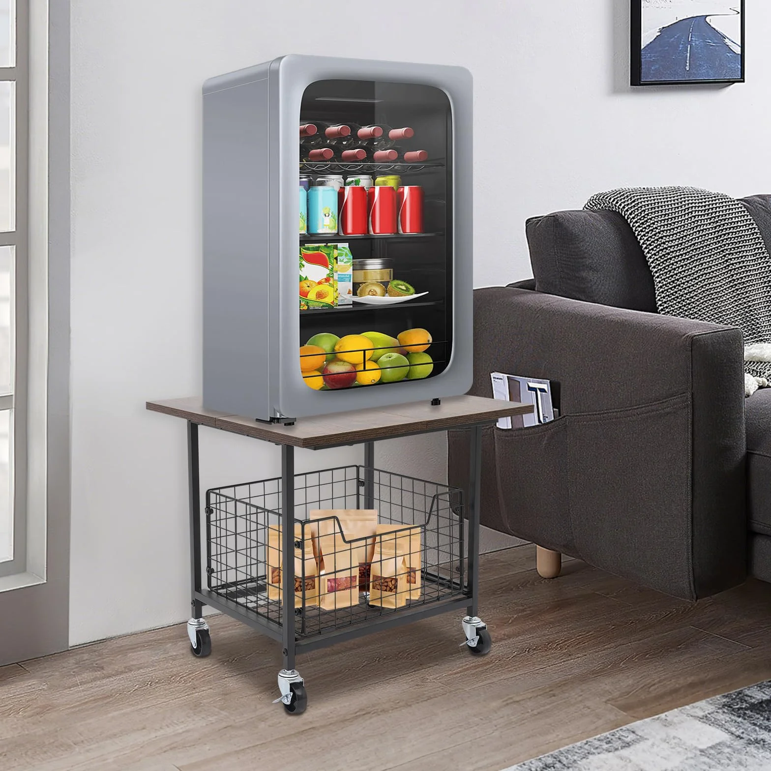 Mini soporte para nevera portátil resistente con ruedas y cesta de almacenamiento extensible, para hogar, oficina o dormitorio, hasta 150 kg (50 x 50 x 44,2 cm)