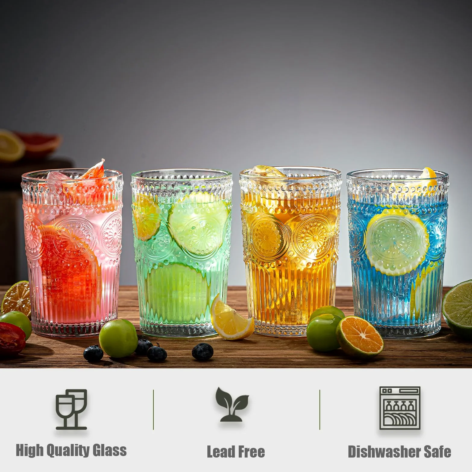 Juego de 8 vasos de cristal vintage de 13.5 onzas, duraderos para cócteles, agua, jugo, cerveza, vino, edición especial, vajilla, apto para lavavajillas