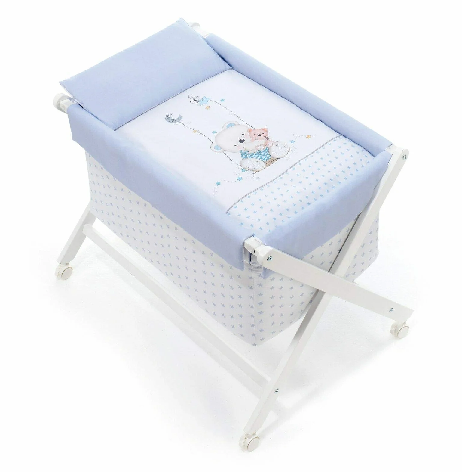 Danielstore Minicuna Plegable | 90x55x72 cm, Madera lacada, colchón Incluido | Ruedas con Freno, Textil algodón, fácil Montaje | Confort y Seguridad para bebé (Oso Columpio Azul)