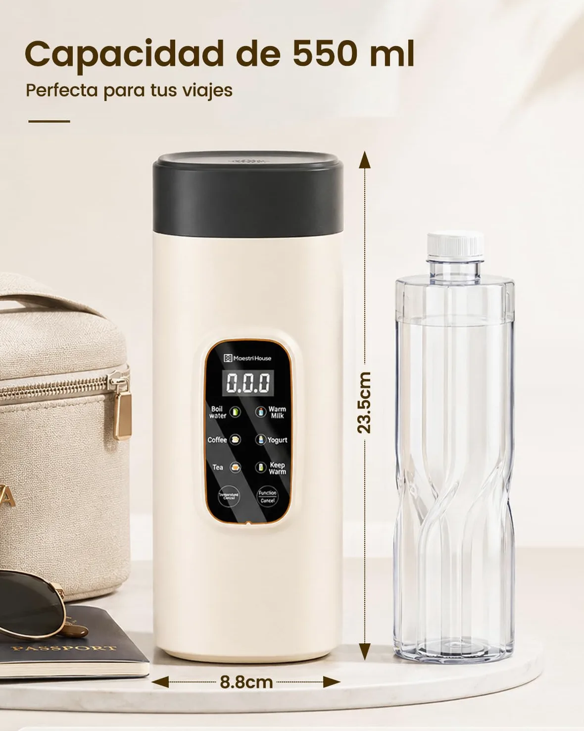 Maestri House Hervidor Eléctrico Portátil 550 ml, 6 Niveles de Temperatura, 400 W de Calentamiento Rápido, Acero Inoxidable 304, Antifugas, Ideal para Viajes, Hoteles, Oficina, Té y Café.