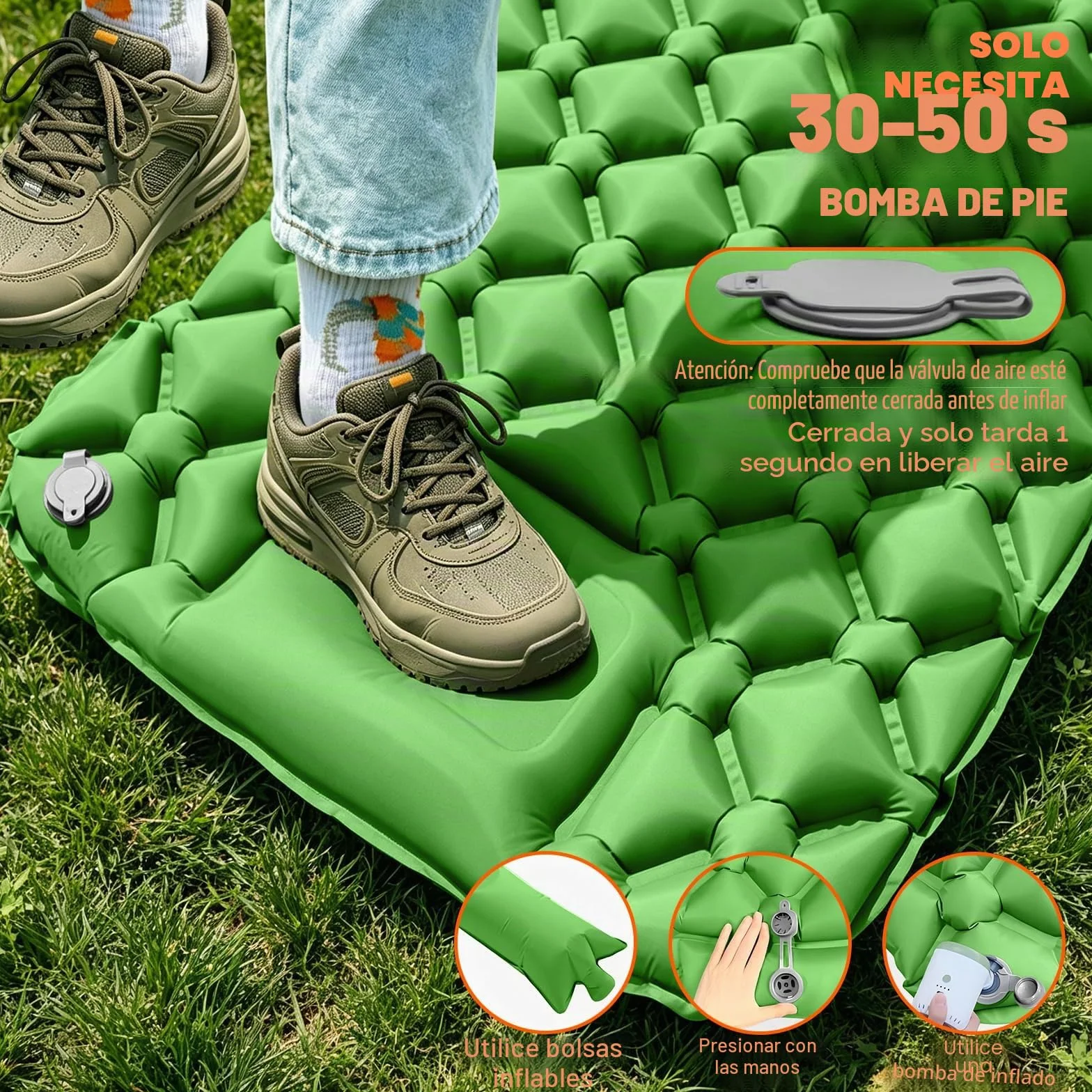 Colchoneta de Camping Autoinflable Ultraligera Impermeable con Bomba de Pie y Almohada