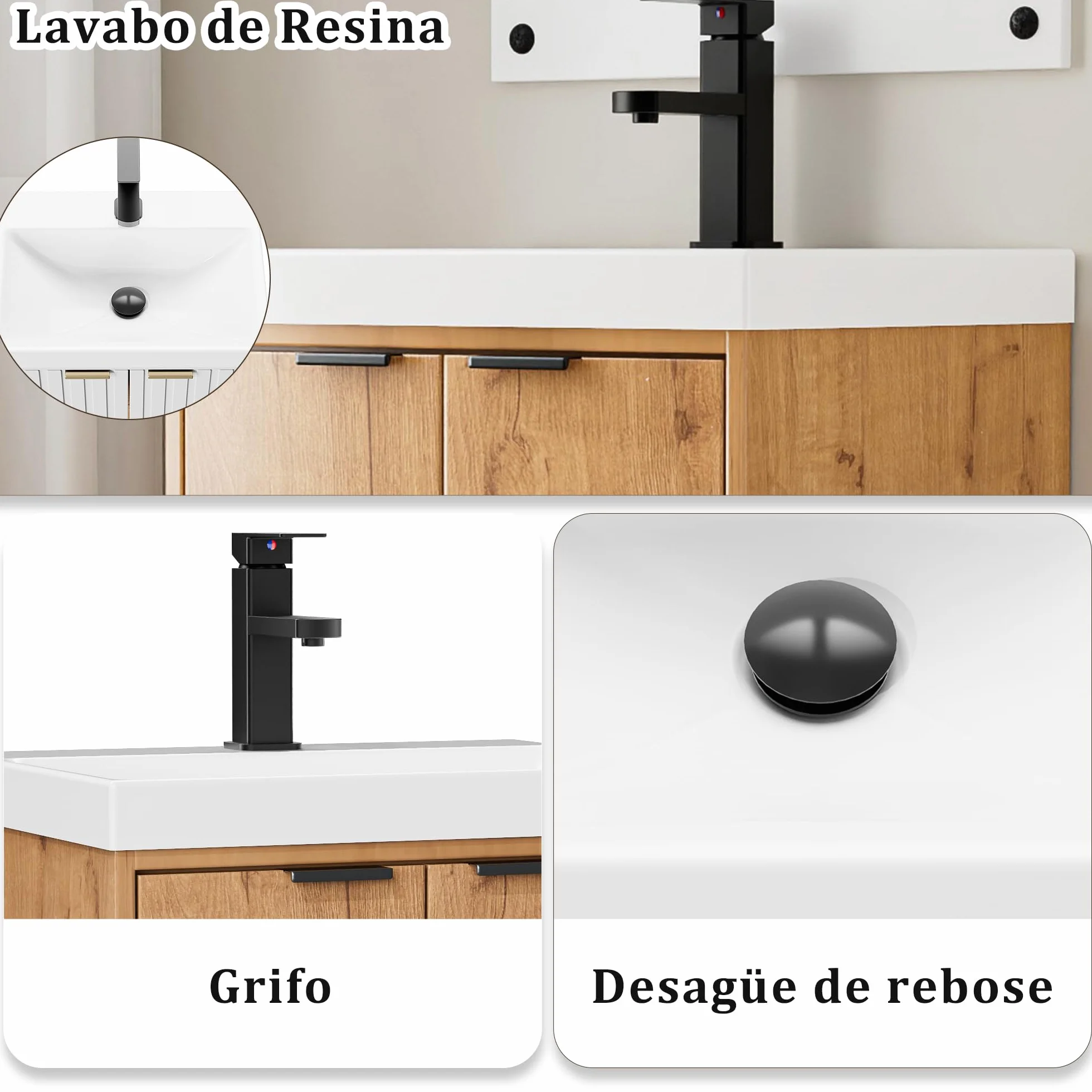 UEV Mueble de Baño con 2 Puertas y Lavabo de Resina, Mueble de Baño Suspendido con Diseño único y Práctico, Conjunto de Muebles con Motivo en Relieve, 49 x 37,5 x 50, Natural