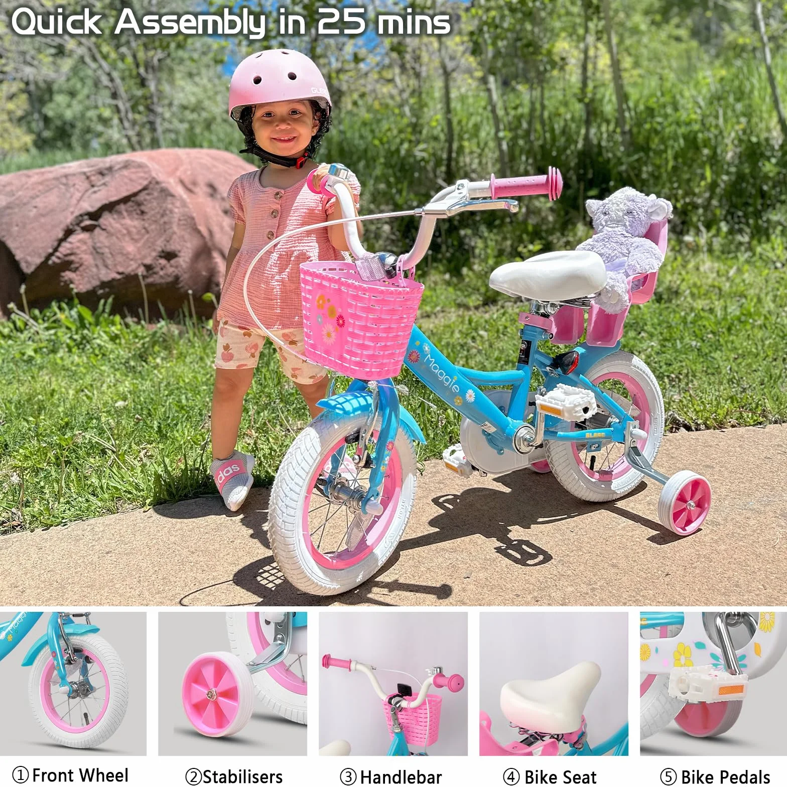 Bicicleta rosa con cesta para niños 12 14 16 pulgadas con campana y ruedas de entrenamiento