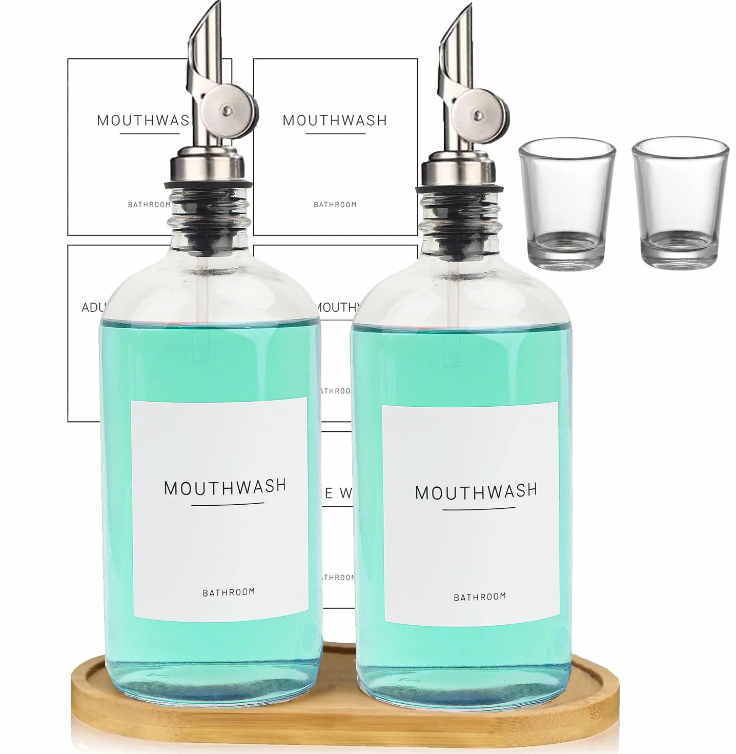 Dispensador de enjuague bucal de vidrio 480 ml, botella transparente con boquilla, taza reutilizable, bandeja de bambú, botellas Boston recargables
