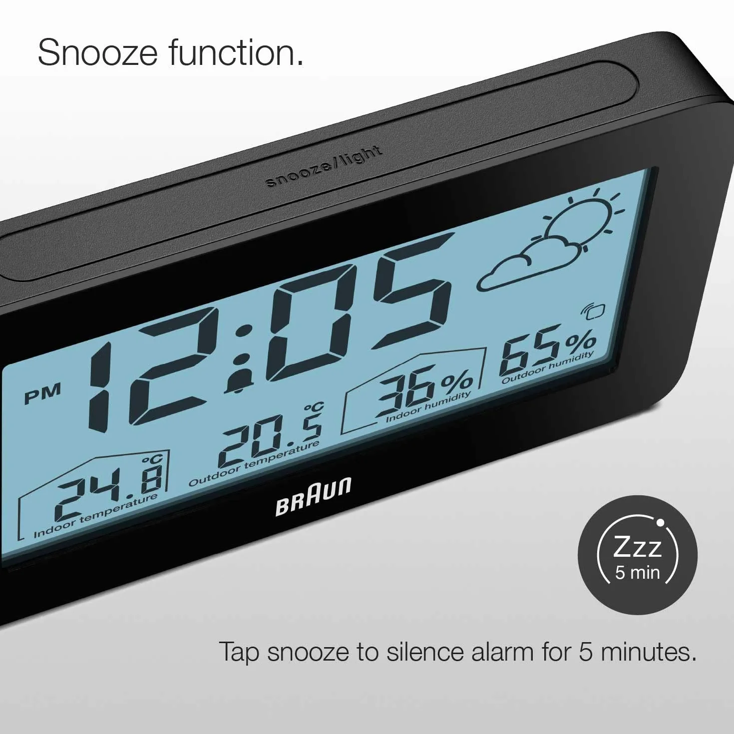 Estación meteorológica y reloj digital controlado por radio Braun para la zona horaria de Europa Central (DCF) con temperatura y humedad, pronóstico del tiempo, pantalla LCD, negro, modelo BC13BP-DCF.