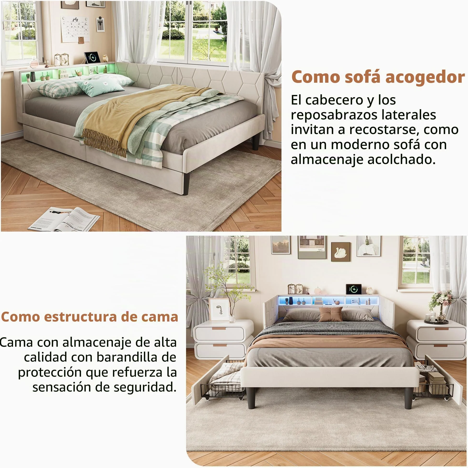 Cama doble 140 x 200 con 2 cajones y espacio de almacenamiento, cama acolchada en L con lámpara LED y USB, paredes laterales intercambiables, sofá cama moderno, sin colchón (Beige C, 140 x 200)