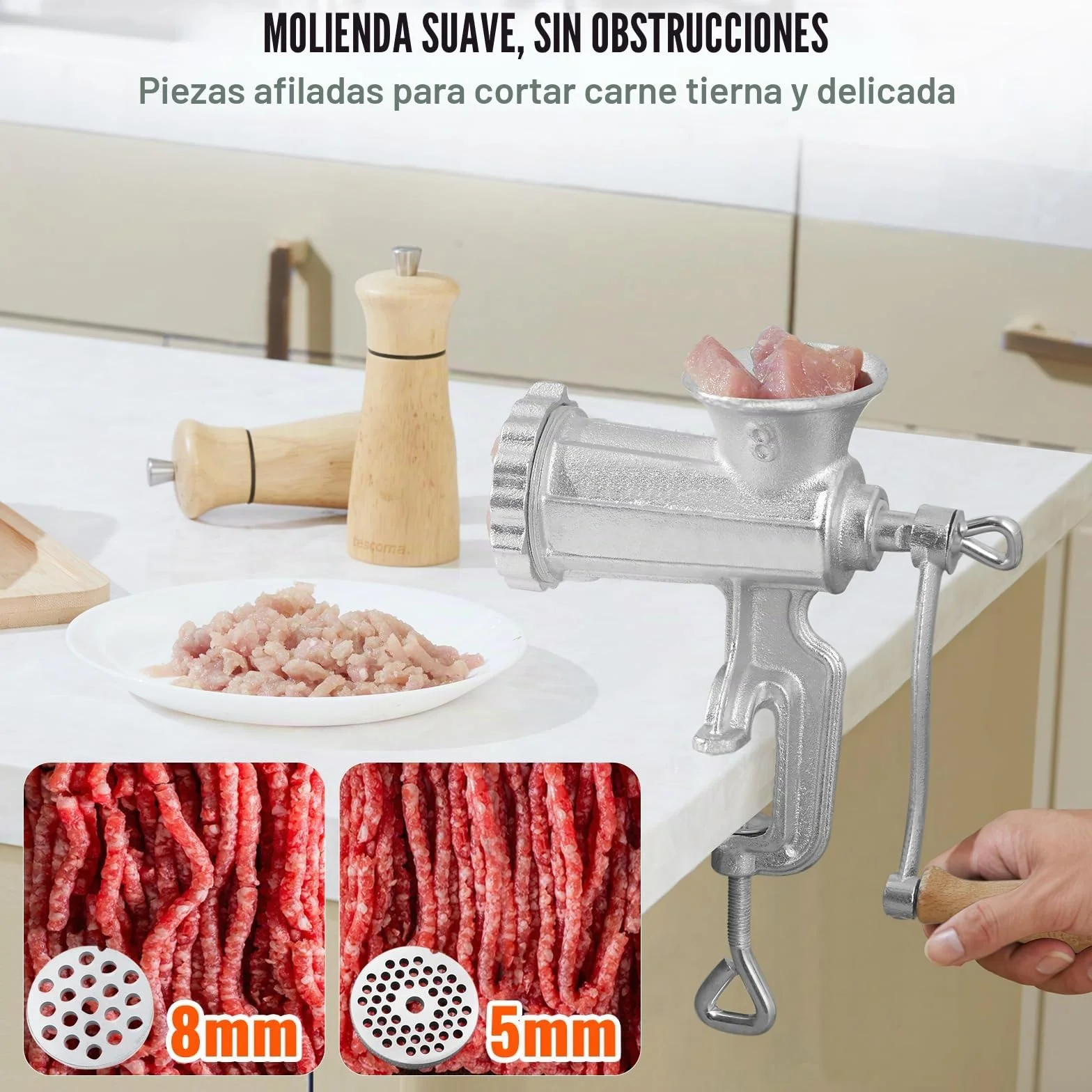 VEVOR Picadora de Carne Manual de Hierro Fundido Picadora Manual de Manivela 2 Placas de Picado de 5 y 8 mm Empujador de Salchichas Fijación Firme Mediante Abrazadera para Carnicería a Domicilio
