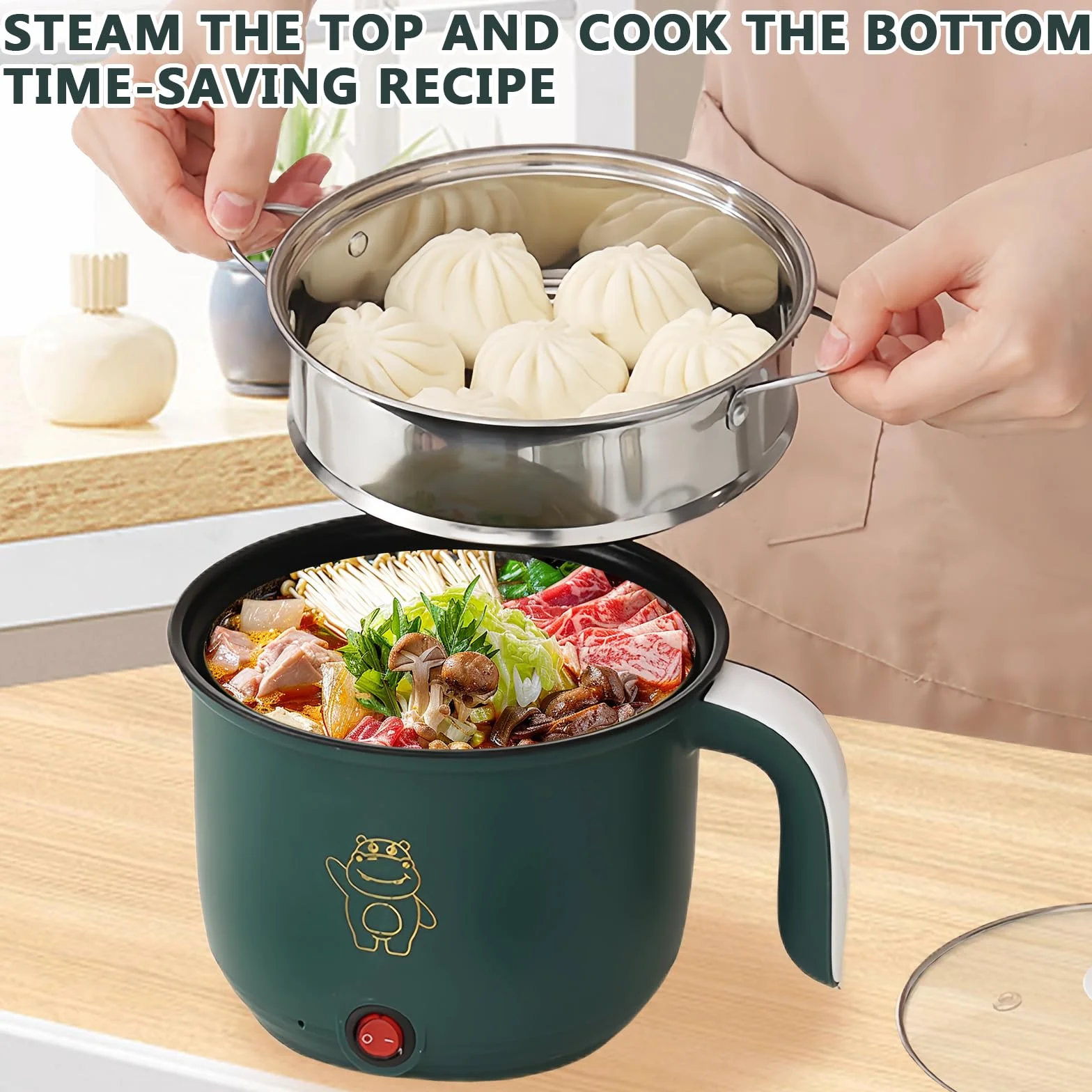 Sartén Eléctrica, Mini Eléctrica Caliente Pot, 1.8 Litro Eléctrico Caliente Pot, Portátil Antiadherente Multicooker, Portátil Rápido, Olla Eléctrica Para Casa Oficina Dormir+Vapor