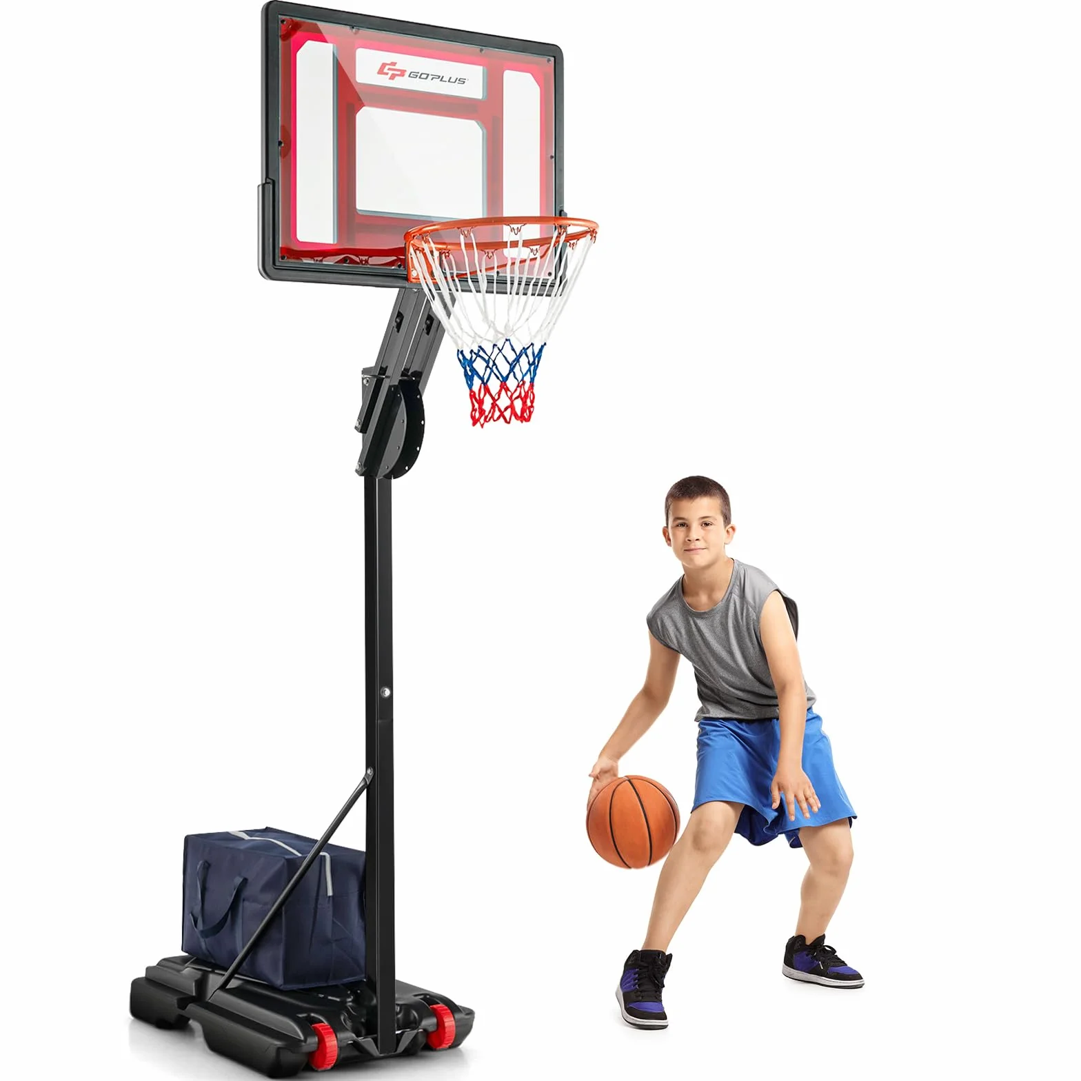 KOMFOTTEU Canasta de Baloncesto Altura Ajustable 105-260 cm Portátil con Ruedas Base Rellenable