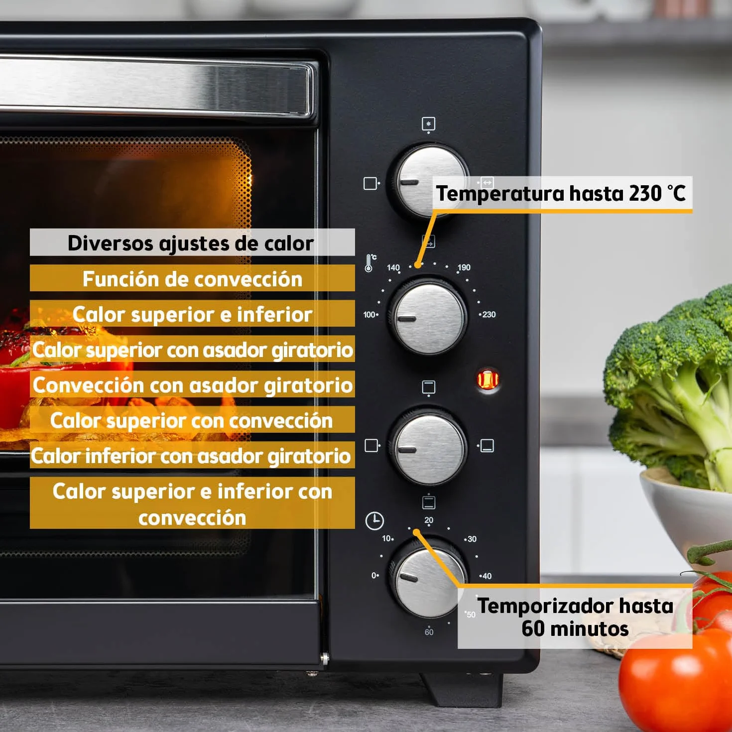 TZS First Austria - Mini Horno 45L 2000W - Minihorno para pizza hasta 230°C y revestimiento antiadherente - Con temporizador 60 min, 4 alturas de inserción, bandeja, rejilla y asador giratorio