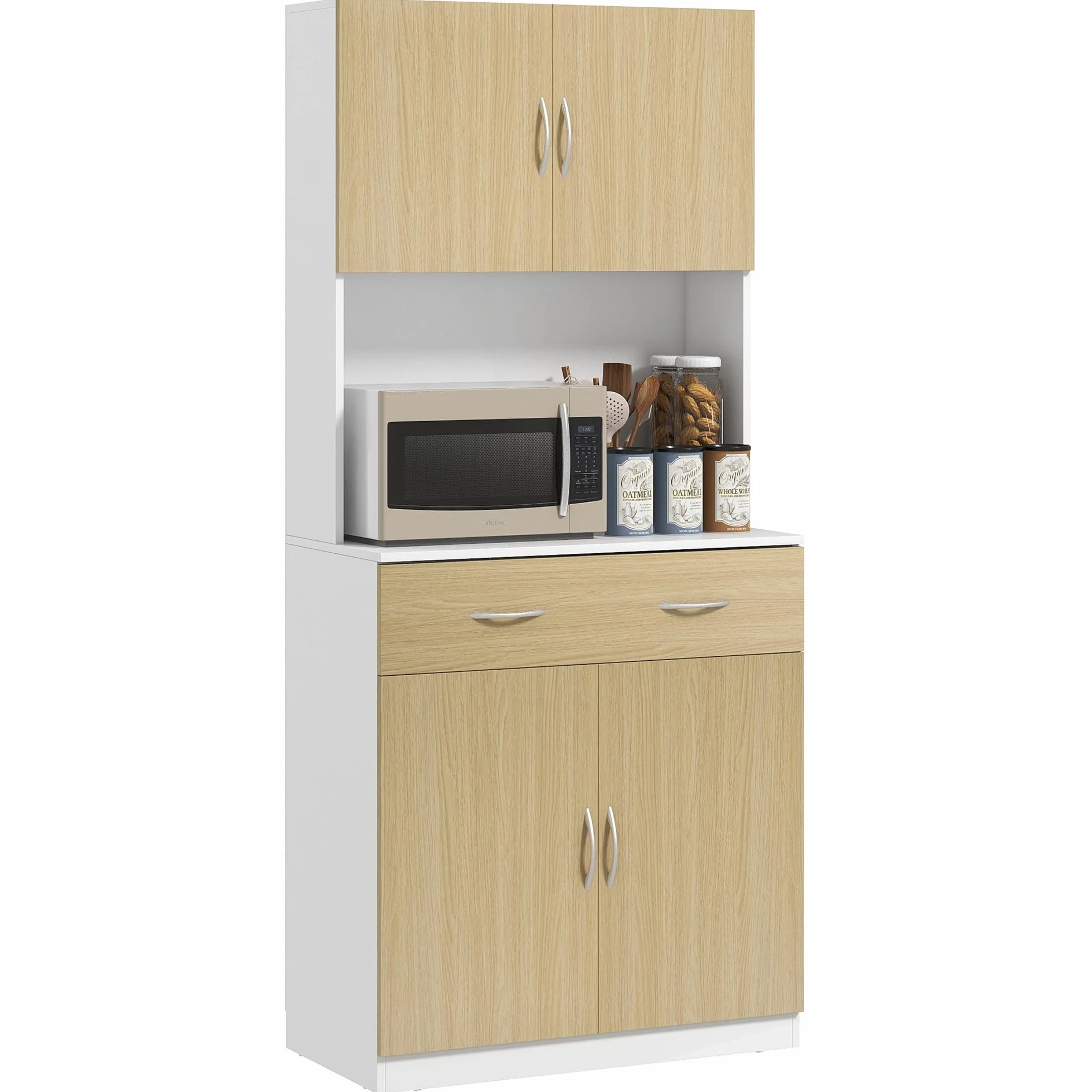 HOMCOM Alacena de Cocina Mueble Auxiliar de Cocina con Puertas Cajón y Estantes Ajustables Antivuelco para Comedor Salón 80x40x180 cm Natural y Blanco