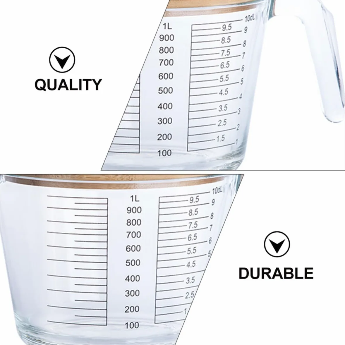 OSALADI Jarra Medidora Material Vidrio y Madera Fácil de Limpiar de Vidrio Resistente al Calor con Escala Adecuado para Medir Jugos y Líquidos en Cocina