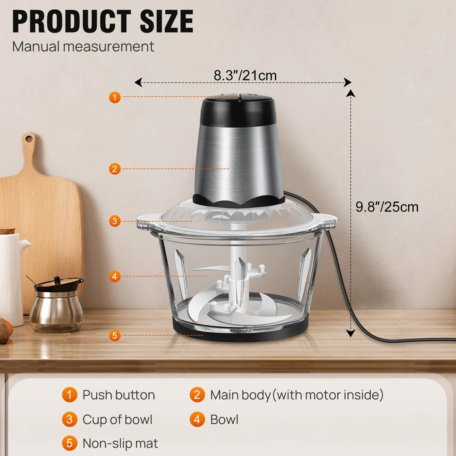 Procesador eléctrico de alimentos y picador, 300 W con recipiente de vidrio de 2 L, 4 cuchillas de acero inoxidable, 2 ajustes de velocidad, funcionamiento con un solo toque, fácil de limpiar, mini