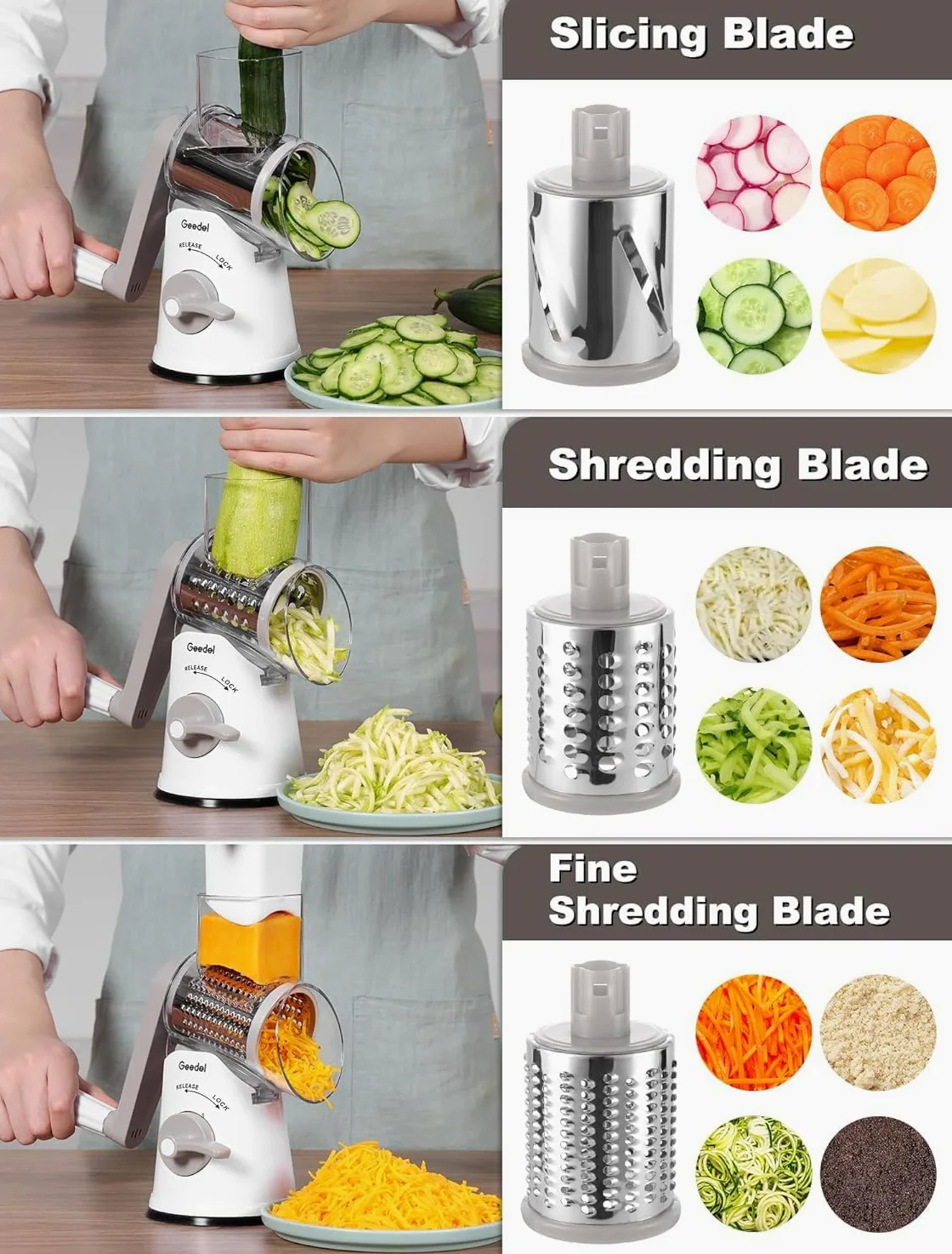 Geedel Rallador de Queso, Rallador de Verduras de Acero Inoxidable con 5 Cuchillas Intercambiables, Cortador Queso para Cortar Queso, Patatas, Pepinos, Fácil de Limpiar, Corte Rápido, Blanco