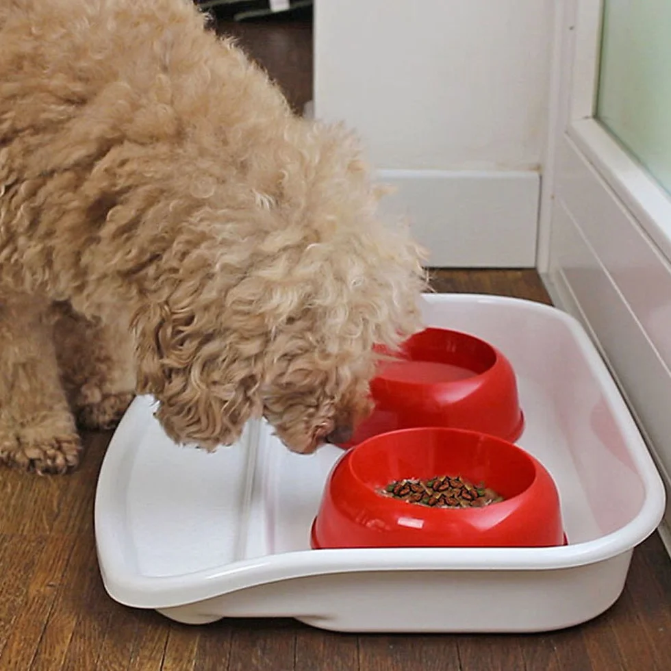 Ferplast Bandeja con Cuencos para Perros y Gatos Lindo Doble comedero para Animales, Base de plástico Resistente, Pies Antideslizantes, Dos Cuencos de 0,6 l incluidos, 44,5 x 34 x h 7 cm Rojo