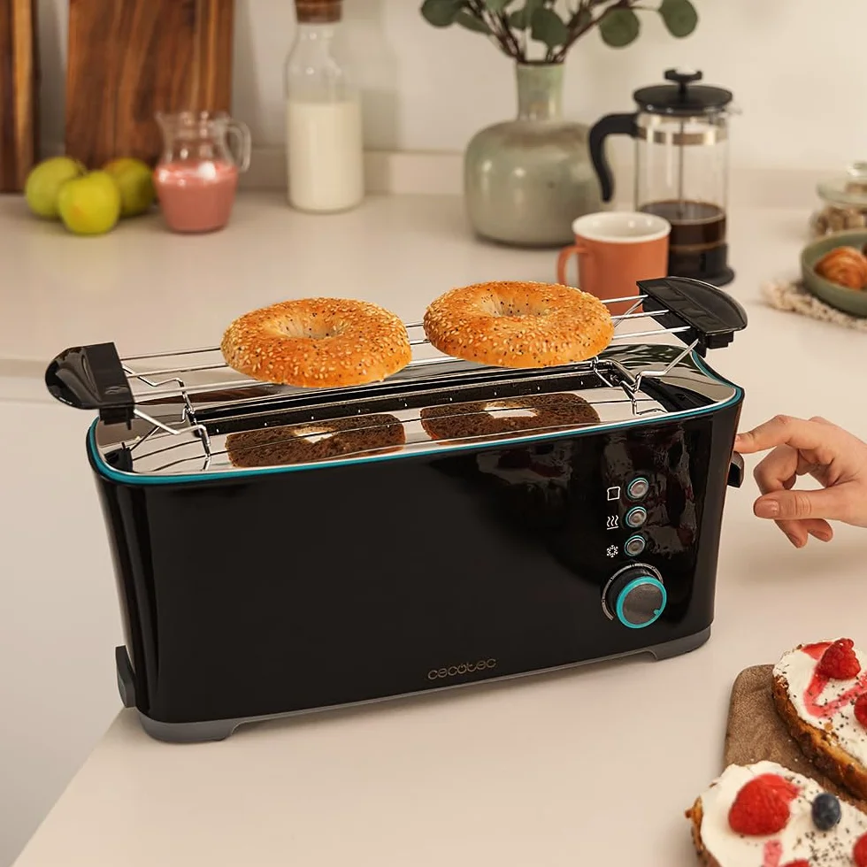 Cecotec Tostador Toast&Taste Extra B, 1000W de Potencia, Doble ranura larga para 2 Tostadas, Ranura XL, Apagado y Pop-up Automático, Recogemigas, Varillas Superiores, Autocentado