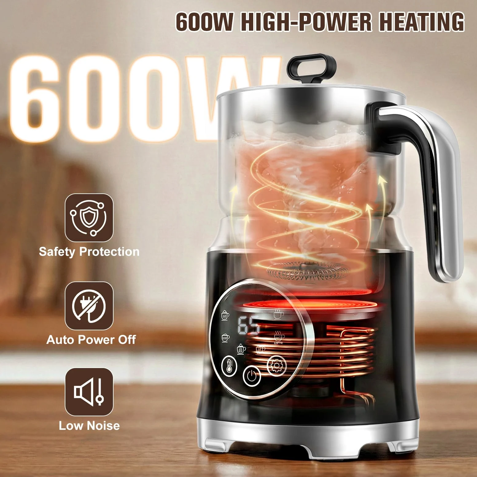 Espumador de Leche Eléctrico 6 en 1, Apto para Lavavajillas, con Temperatura Variable y Espuma, 800 ml, Gran Capacidad, para Espuma de Leche Fría Caliente, Chocolate Caliente, Café con Leche