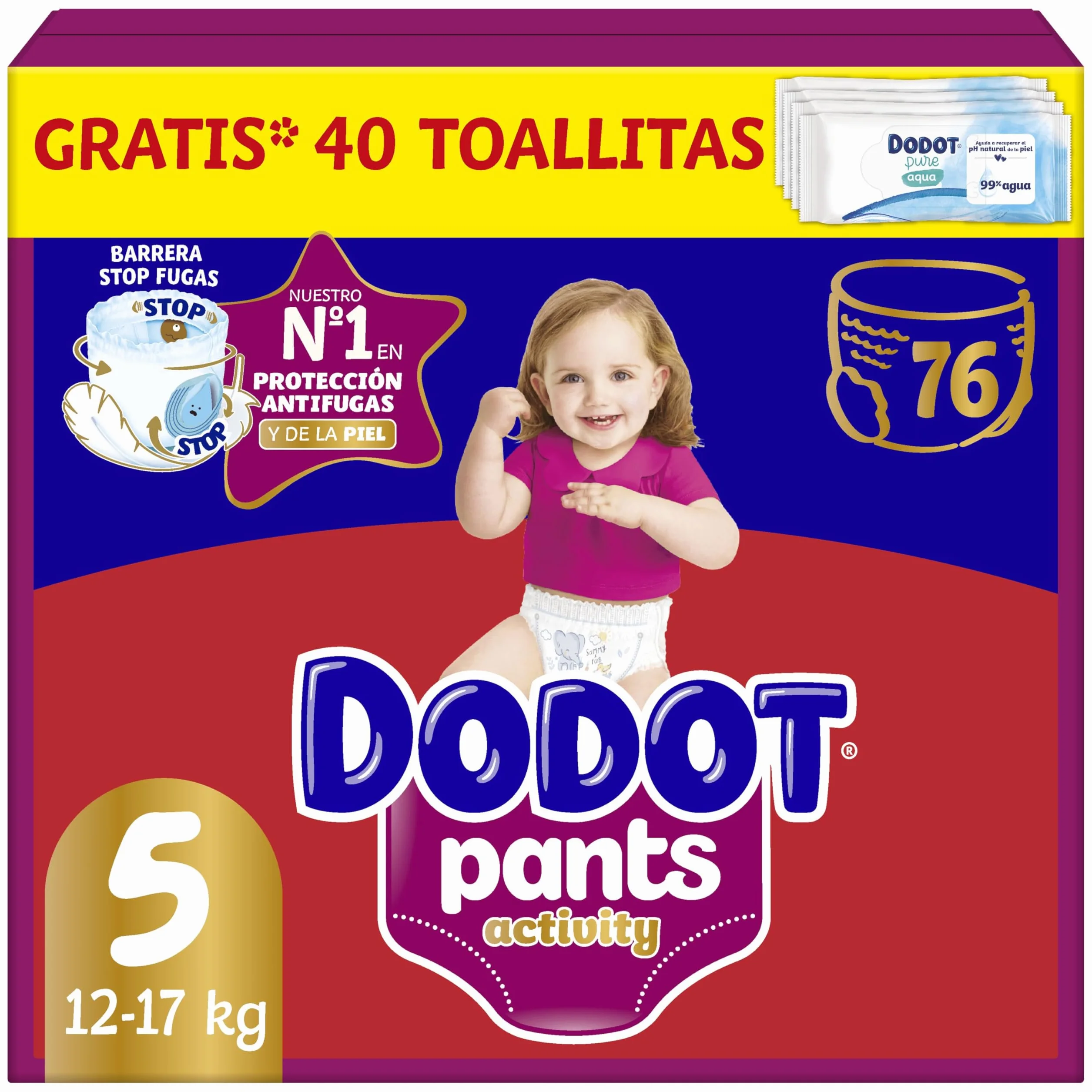 Dodot Pañal-Braguita Activity Pants Talla 5 (11-17 kg) 76 Pañales + 40 Toallitas Ajuste 360 anti-fugas