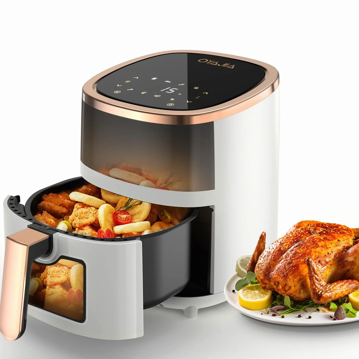 Freidora de aire caliente, 6 L, con 8 programas, tecnología de aire caliente, pantalla táctil, ventana de visualización, apta para lavavajillas, freidora sin aceite, digital, asar, hornear, asar