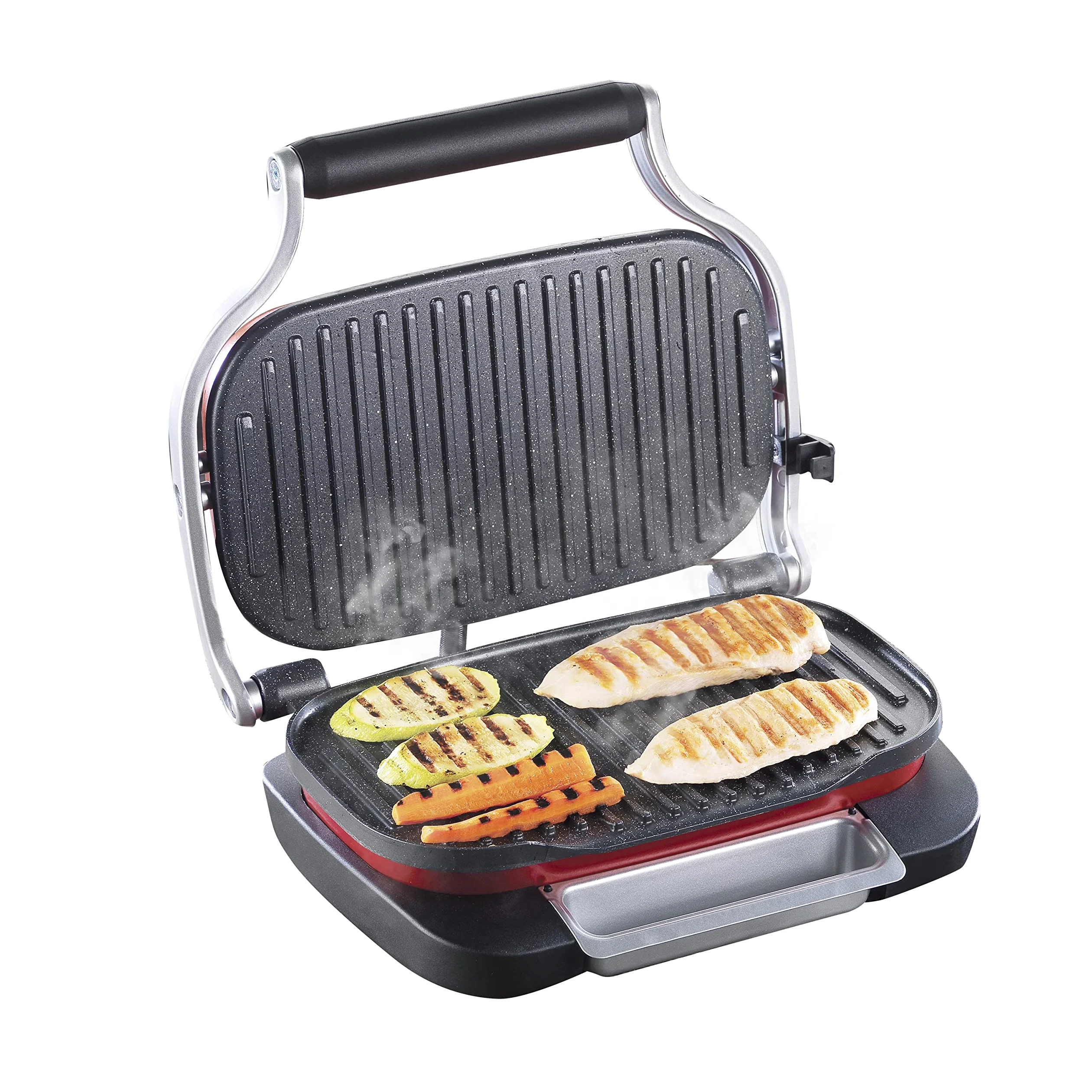 TM Electron TMPGR003RED grill eléctrico estilo retro, calentamiento rápido, revestimiento antiadherente de 5 capas, control de altura y temperatura, bandeja de residuos extraíble, 1300W