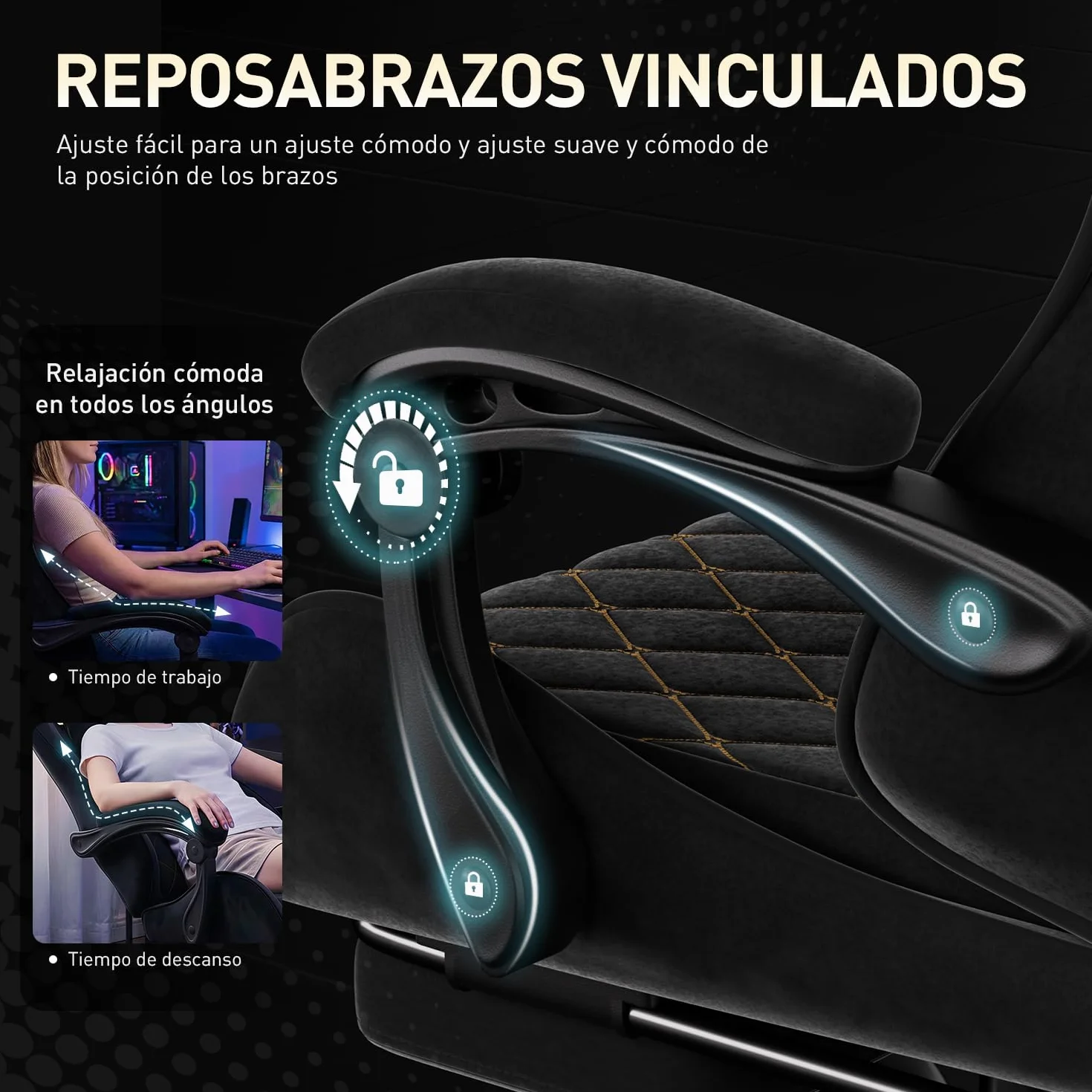 SOLAVERO Silla Gaming de Tejido de Antelina, Silla Gamer Ergonómica con Soporte Lumbar Masaje, Sillón Gamer con Reposapiés Telescópico, Capacidad 150KG, Cadeira Gaming Negro
