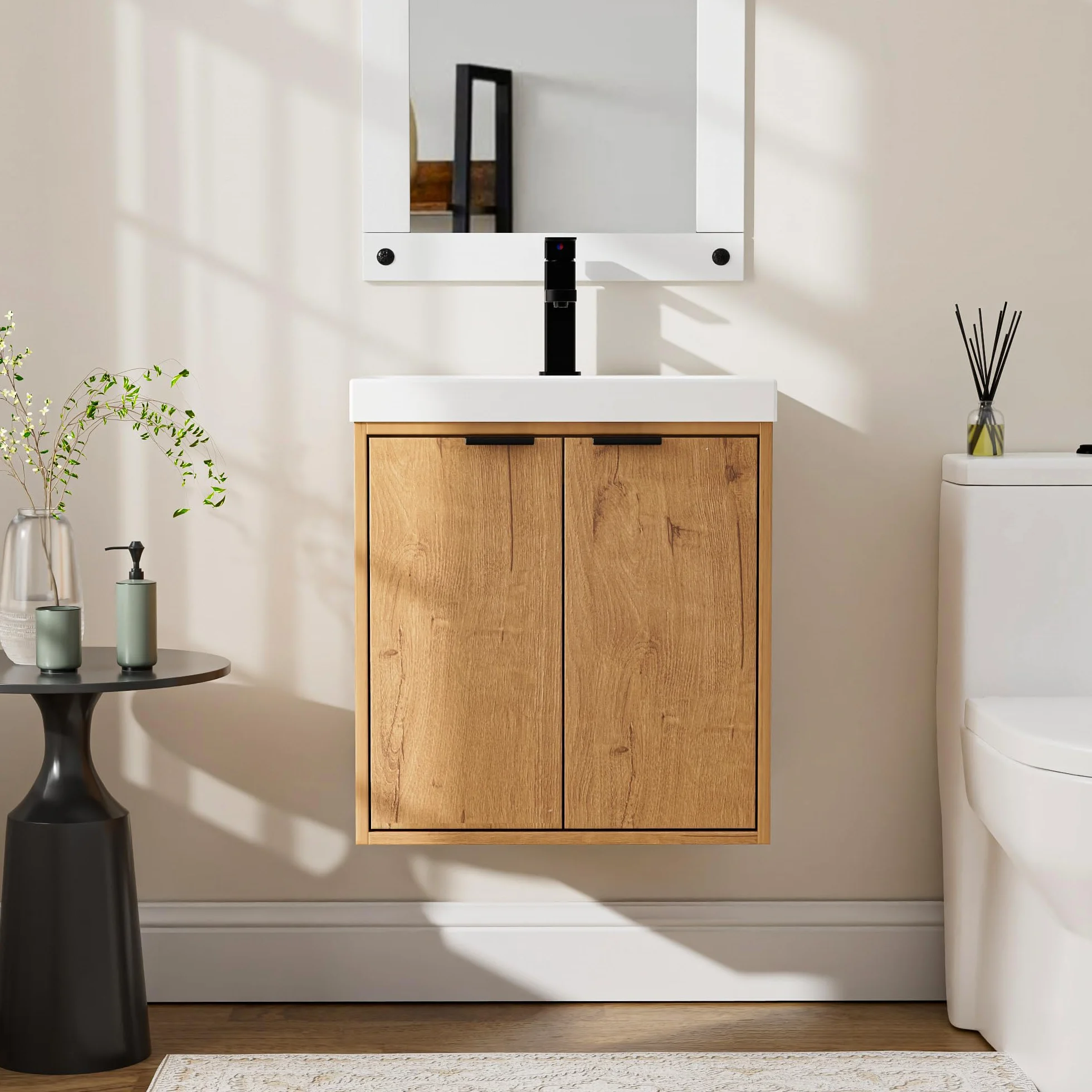 UEV Mueble de Baño con 2 Puertas y Lavabo de Resina, Mueble de Baño Suspendido con Diseño único y Práctico, Conjunto de Muebles con Motivo en Relieve, 49 x 37,5 x 50, Natural