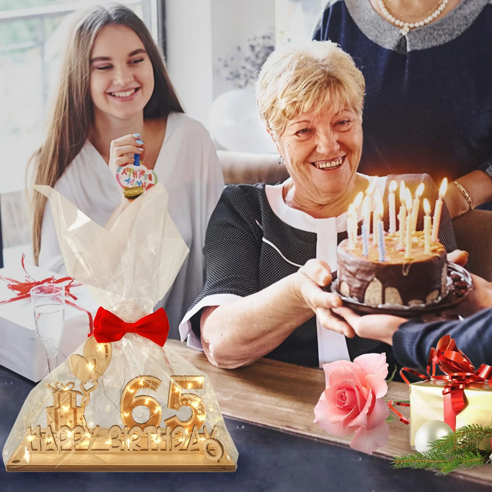 Regalos Originales de 65 Cumpleaños, Seutgjie Decoracion 65 Cumpleaños para Hombre Mujer con Tira de Luces LED y Libro de visitas para Aniversarios