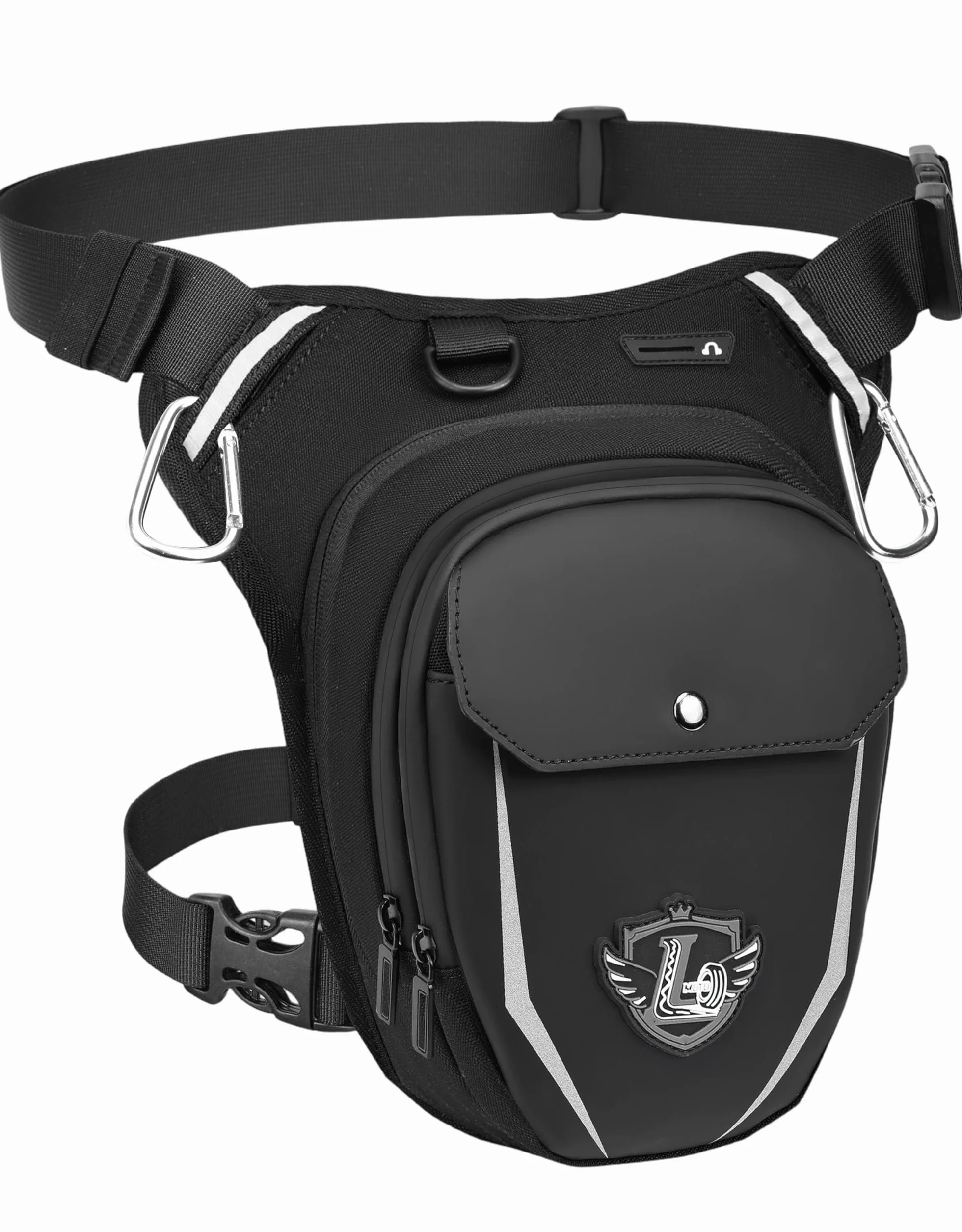 Leathario Riñonera Pierna Impermeable Multifunción Moto con Correas Ajustables y Mosquetones Negro