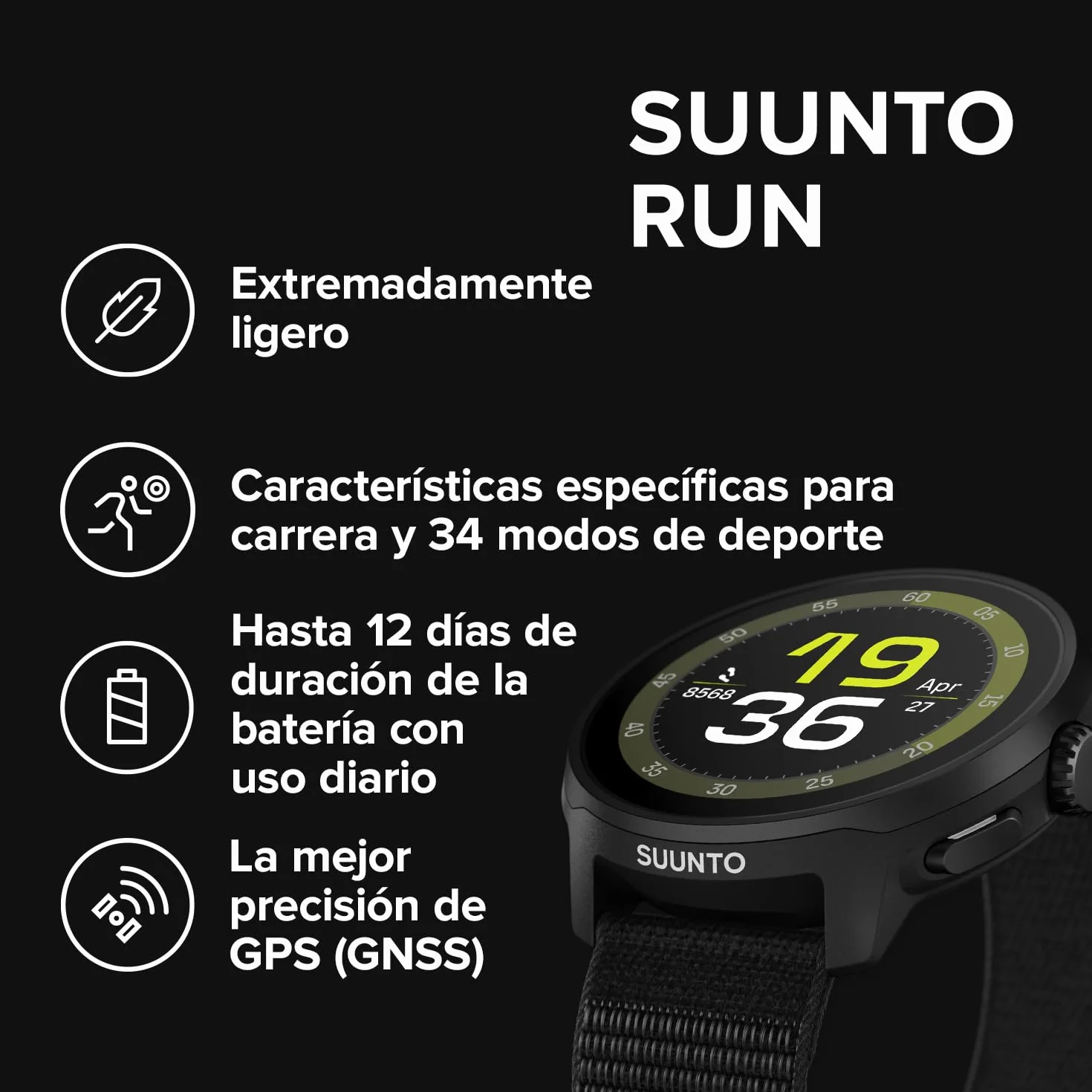 Suunto Run Reloj GPS Running Pantalla Táctil AMOLED 1,32" Multideporte Monitor Actividad GPS Seguimiento Cardíaco Sueño 12 Días Autonomía 4GB Almacenamiento Música