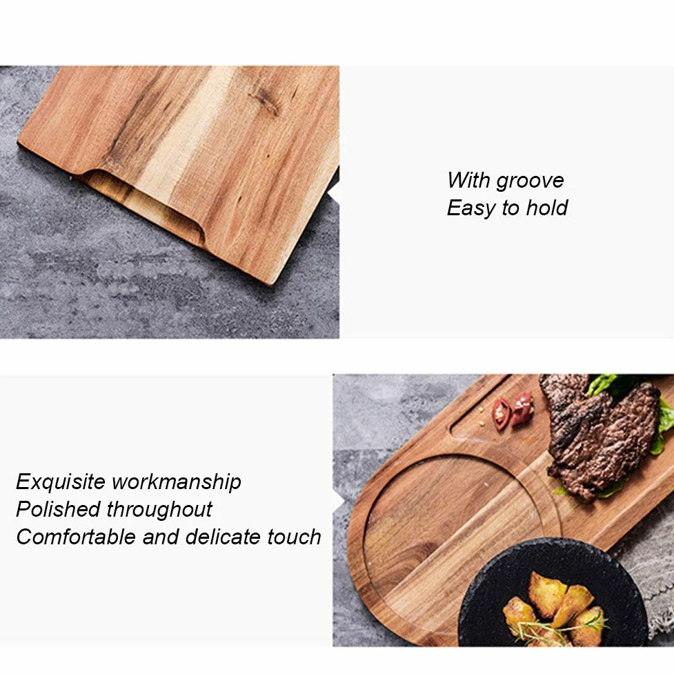 Platos para servir en madera y pizarra, bandeja para servir, plato de madera natural elegante y saludable, para pizza, sushi, filete ovalado con pizarra