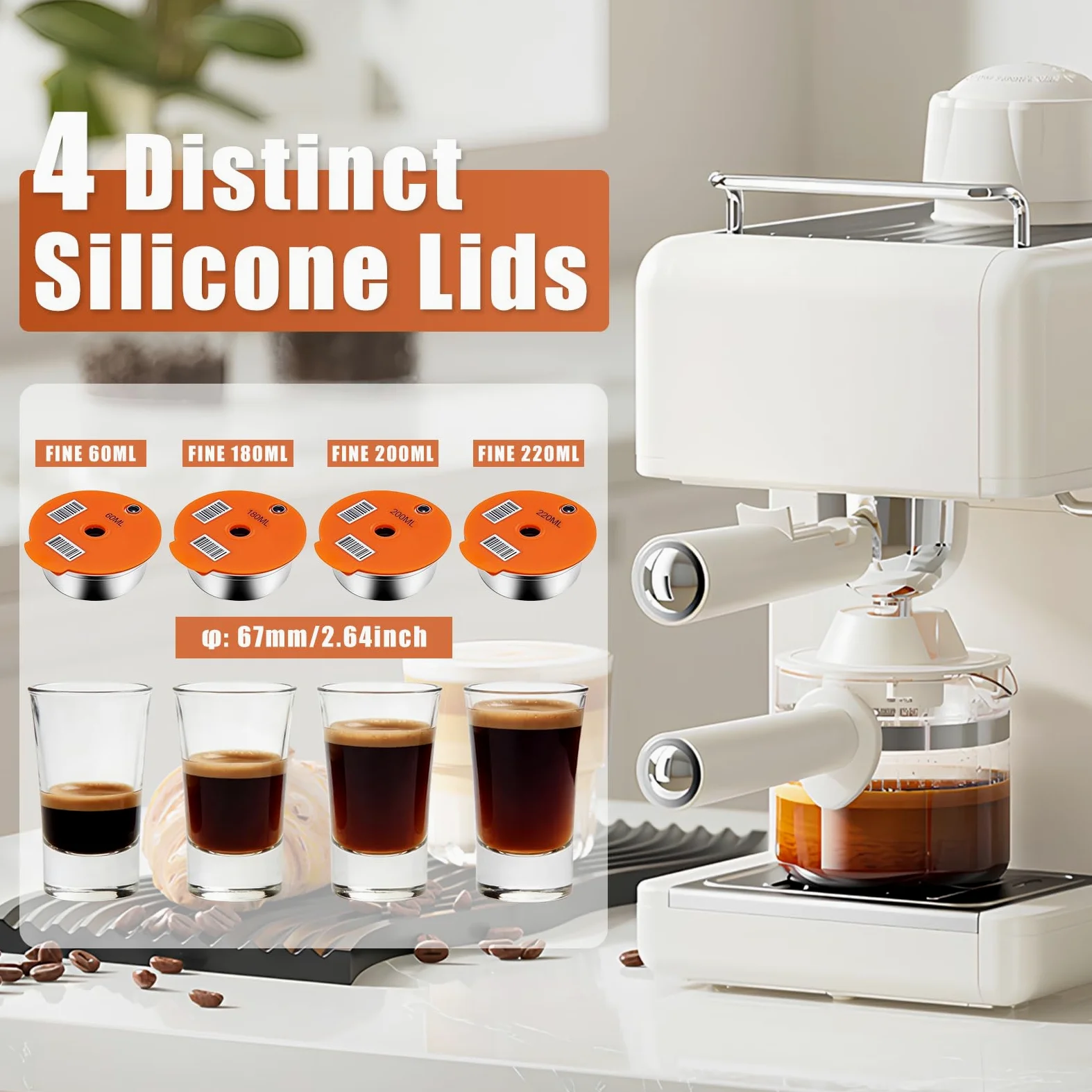 Cápsulas de café reutilizables para Tassimo, cápsulas de café de acero inoxidable con manipulación de café y 4 tapas de silicona (220 ml/200 ml/180 ml/60 ml), cápsulas de café recargables compatibles