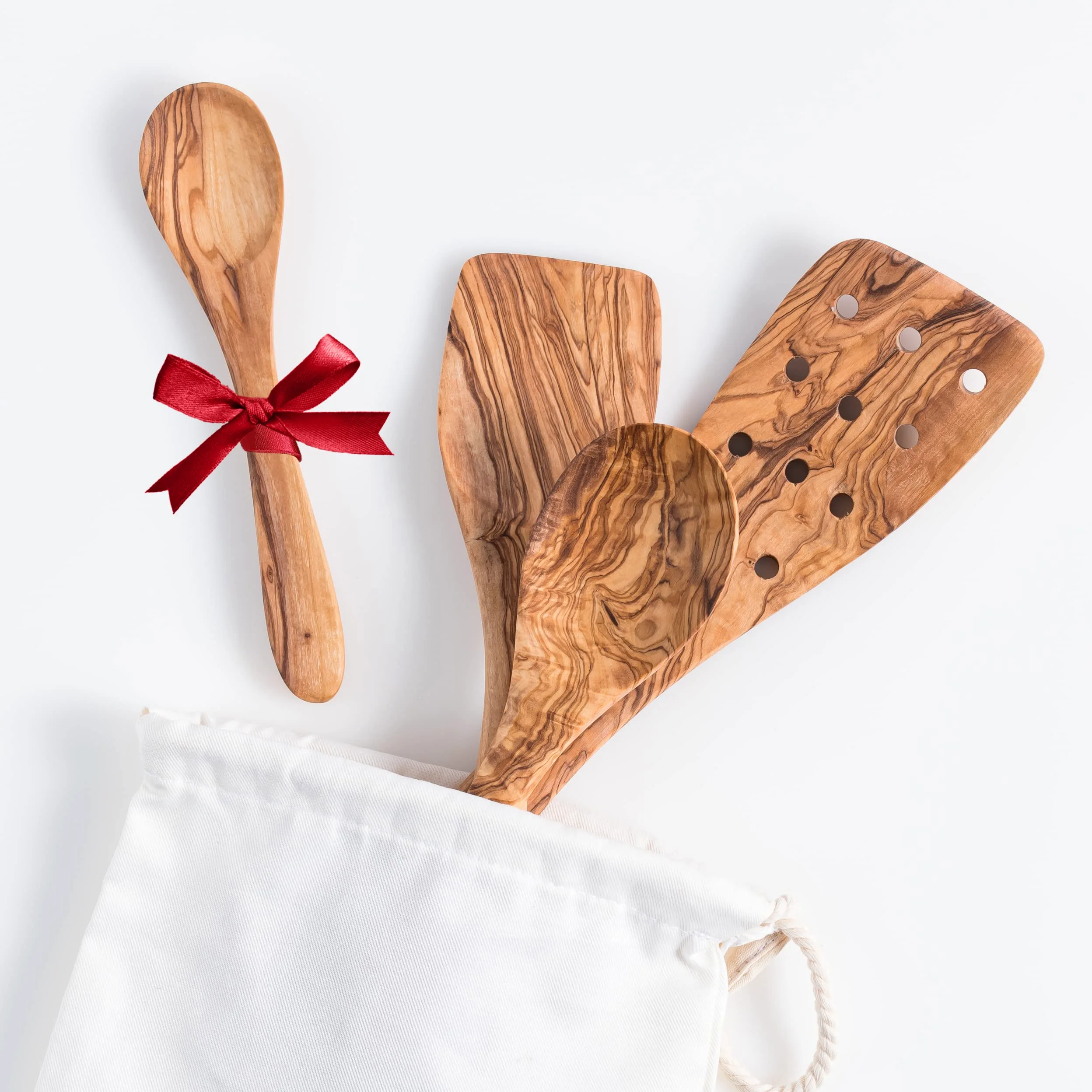 Set de 3 cucharas de cocina de madera de olivo Darido con cuchara extra pequeña - 30 cm - hecho a mano - resistente al calor - Utensilios - cuchara, espátula, espátula ranurada y cuchara pequeña