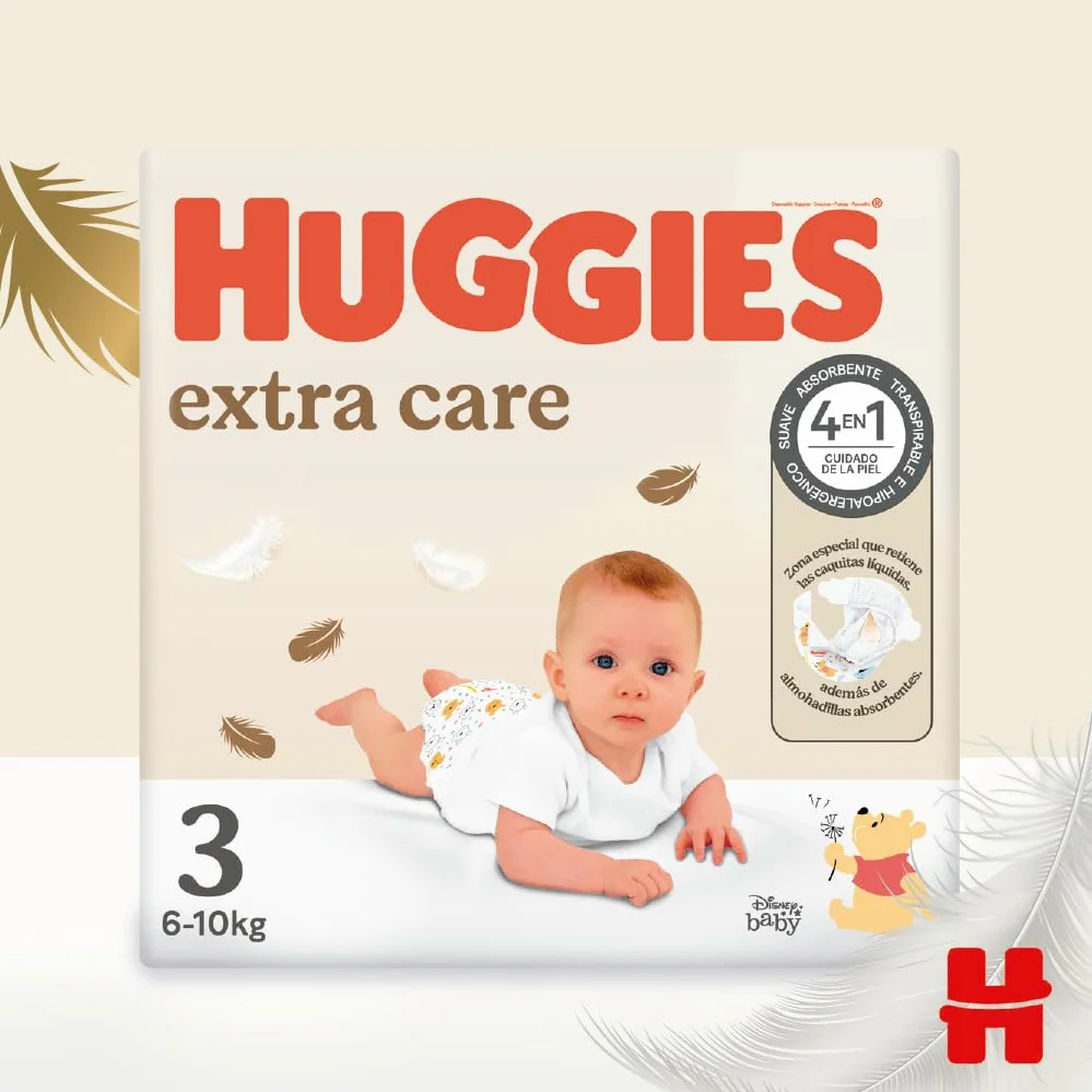 Huggies Extra Care Pañal para bebé Talla 3 (5-9 kg) 96 pañales con almohadillas extra suaves